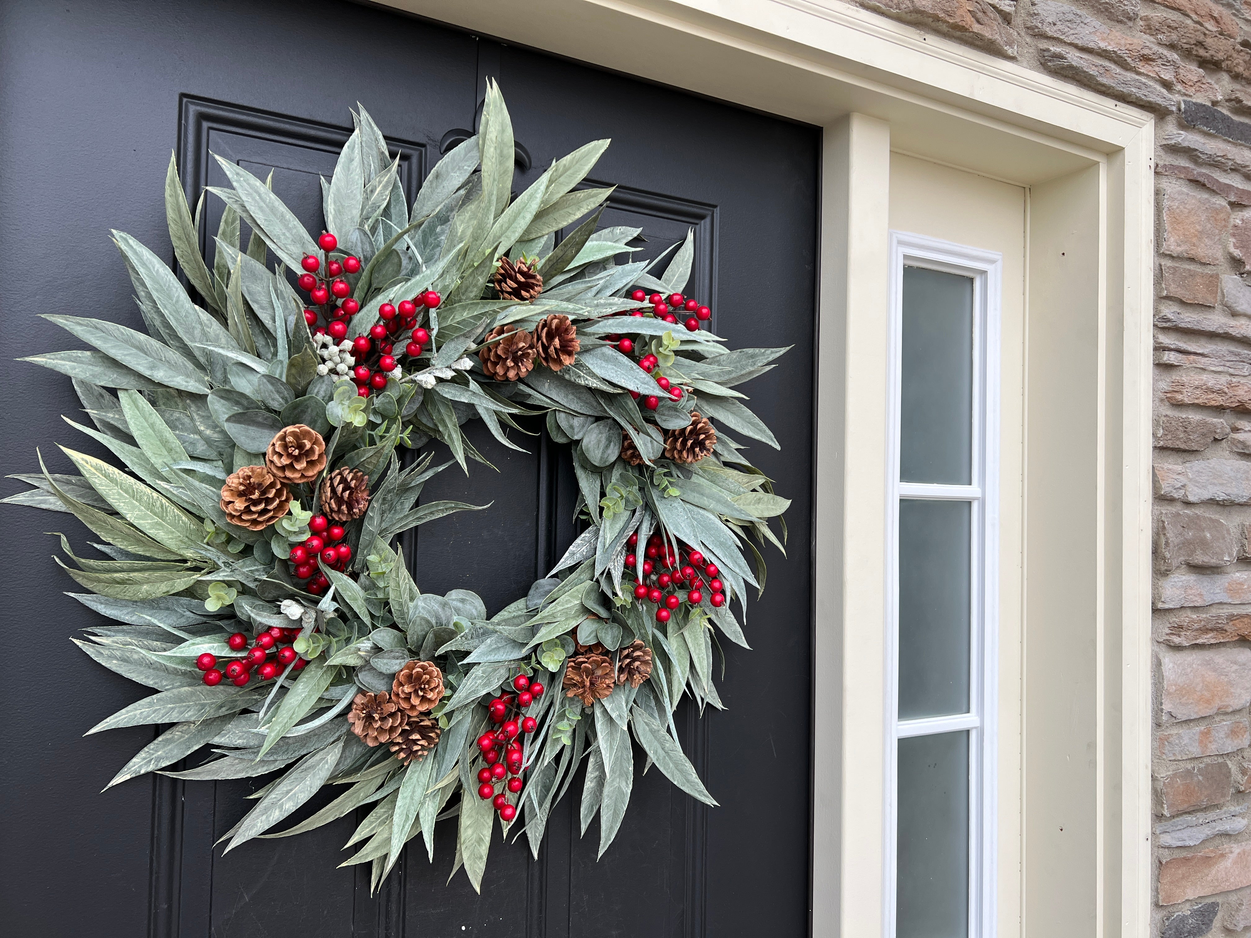 Winter Pinecone and Bay Leaf Wreath with Red Berries