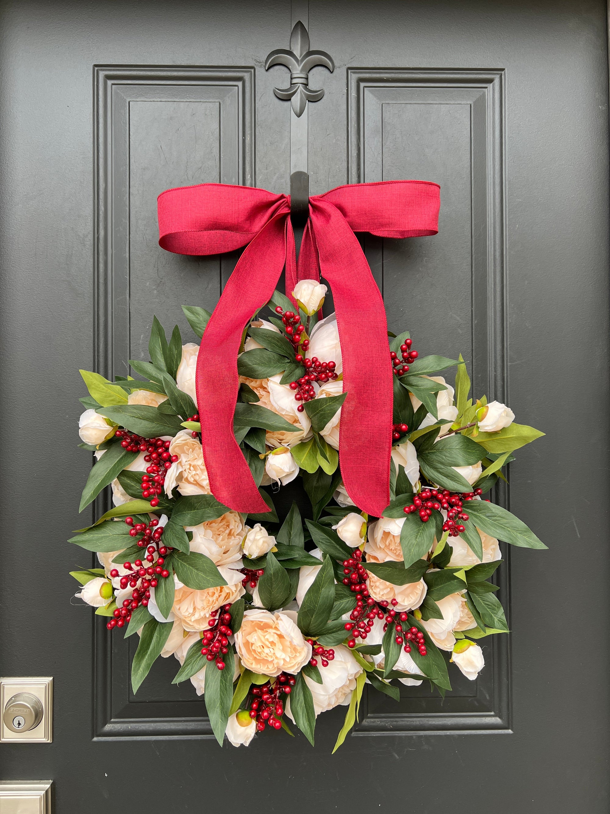 Classic Holiday Wreath, Cream Peony with Red Berry Wreaths - Ready to Ship
