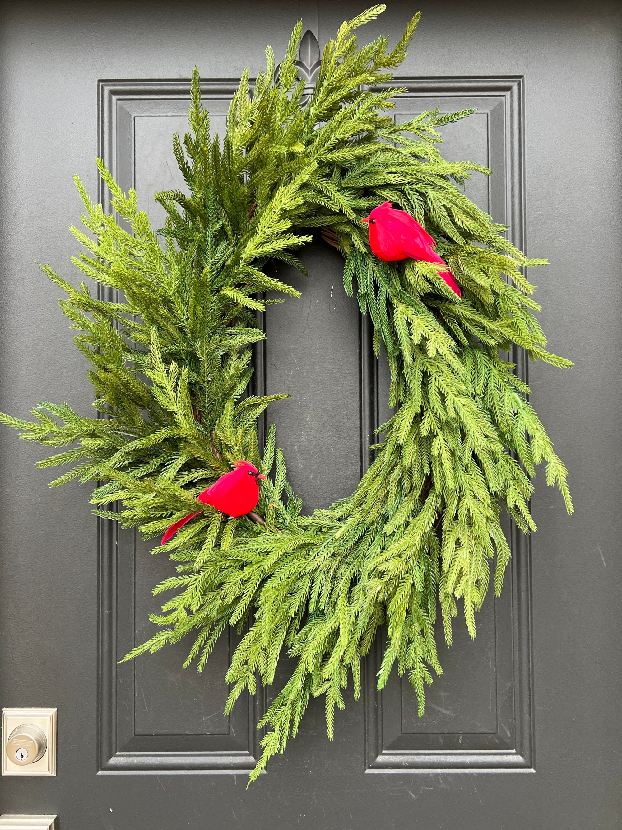 Natural Touch Norfolk Pine Wreath with Red Cardinals