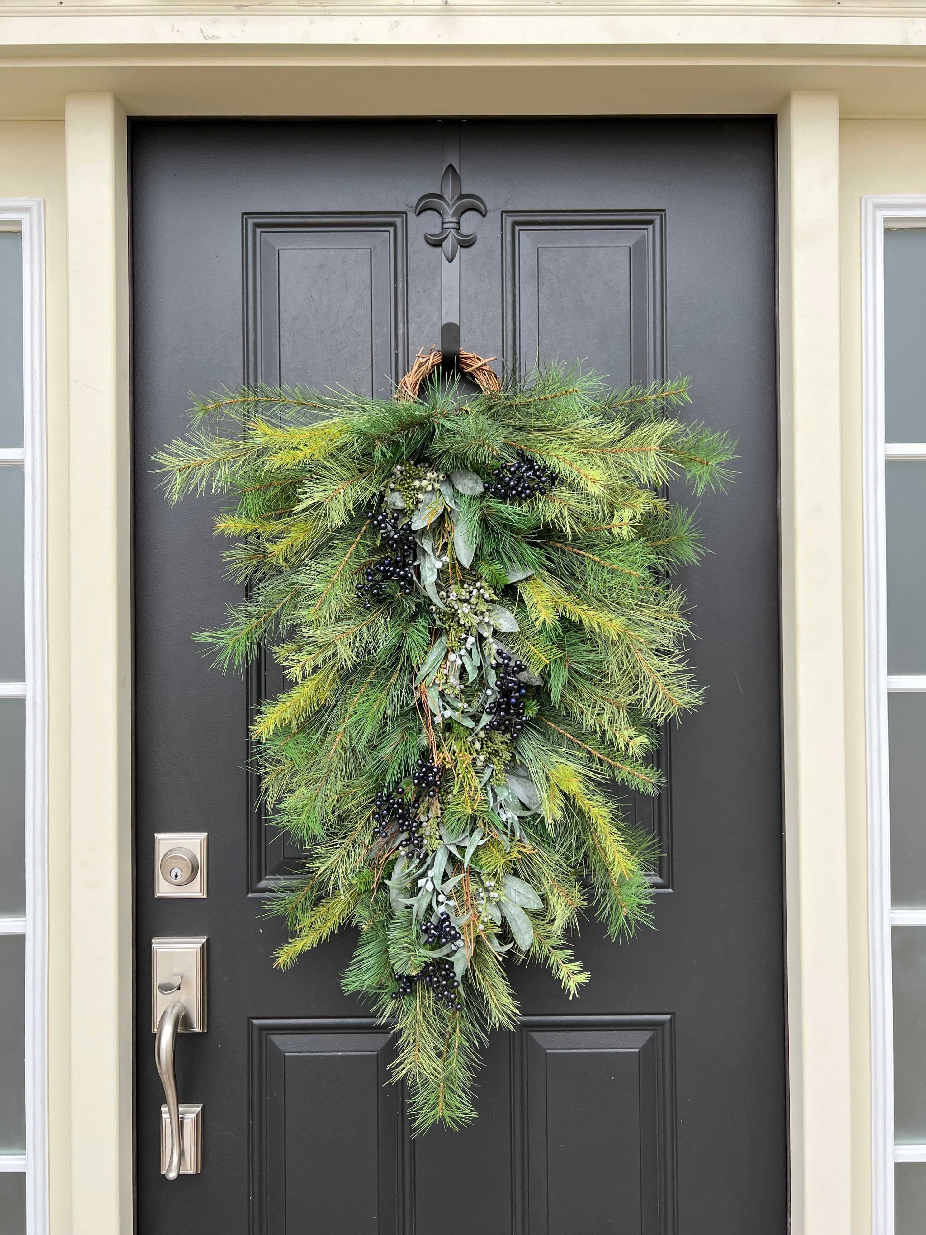 Large Teardrop Wreath with Blue Berries, Winter Swag for Front Door