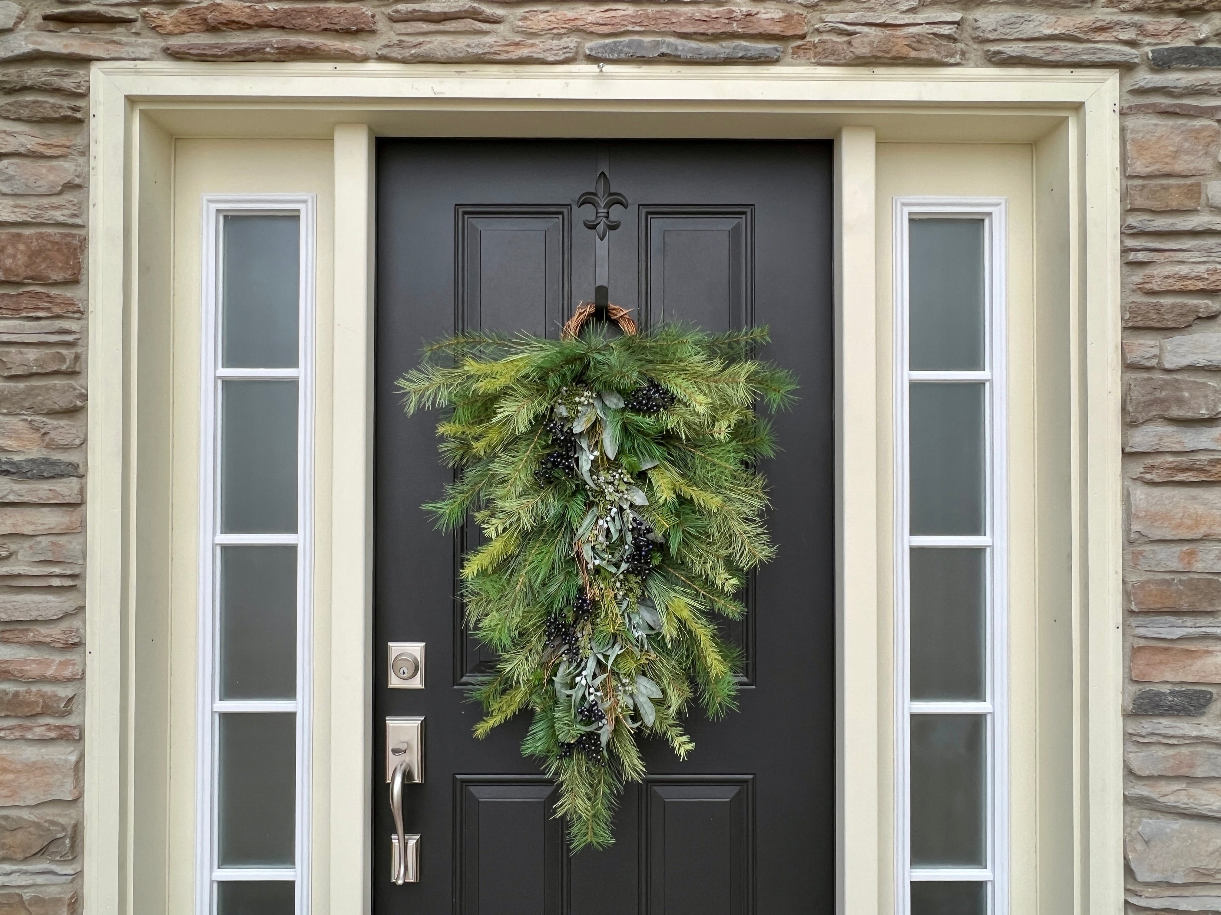 Large Teardrop Wreath with Blue Berries, Winter Swag for Front Door