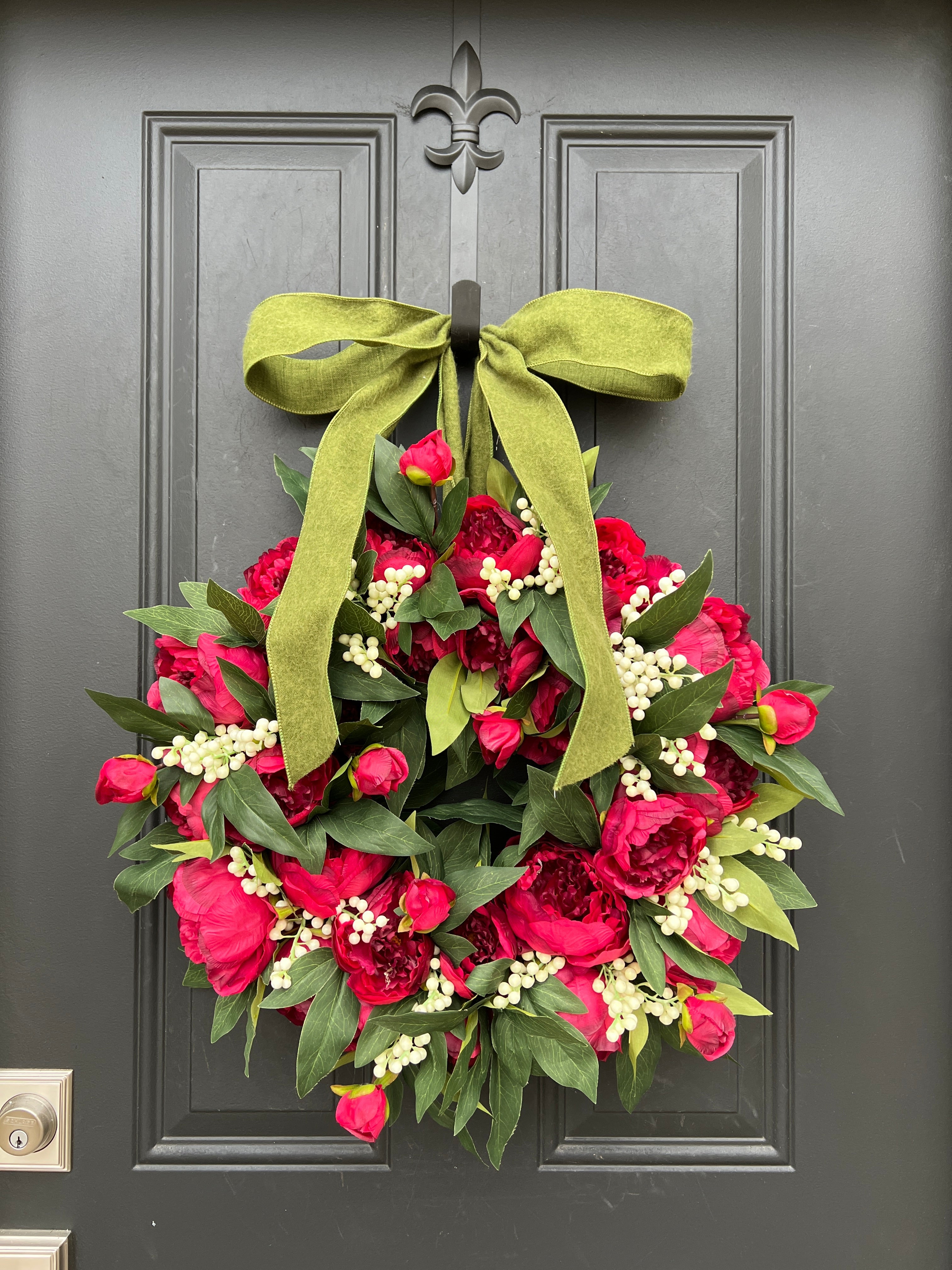 Holiday Red Peony Wreath with with Cream Berries