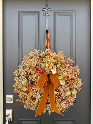 Fall Boxwood Wreath with Berries and Caramel Velvet Bow