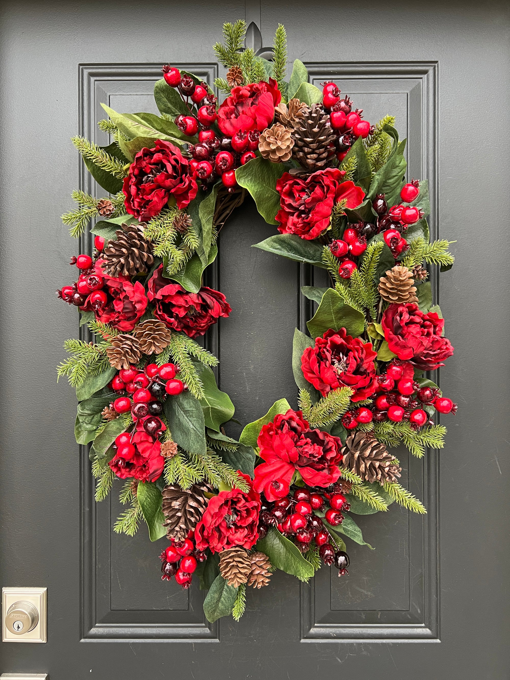 Oval Christmas Wreath with Peonies, Red Berries, Magnolia, Pine and Pinecones, The Spirit of Christmas Wreath