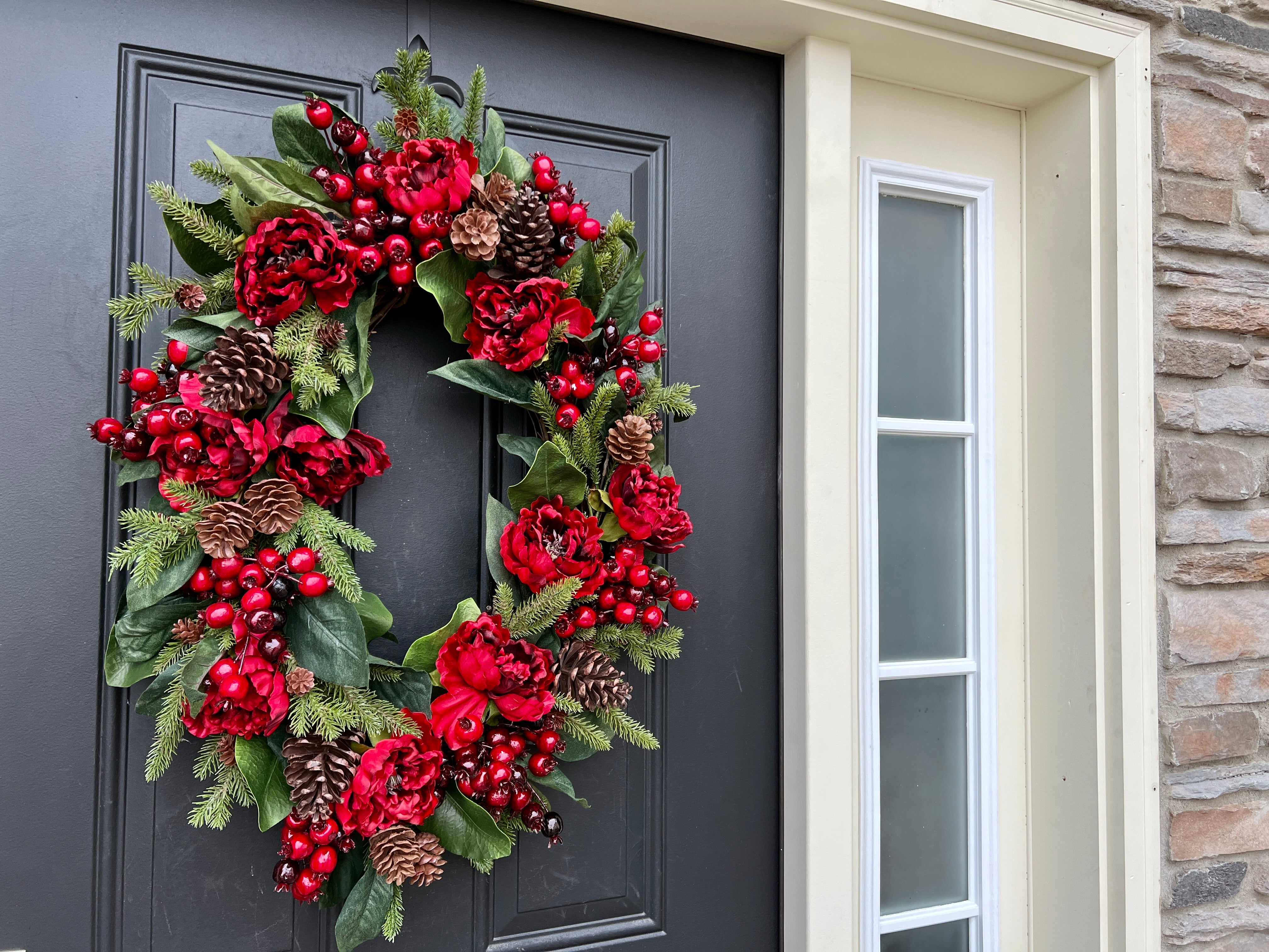 Oval Christmas Wreath with Peonies, Red Berries, Magnolia, Pine