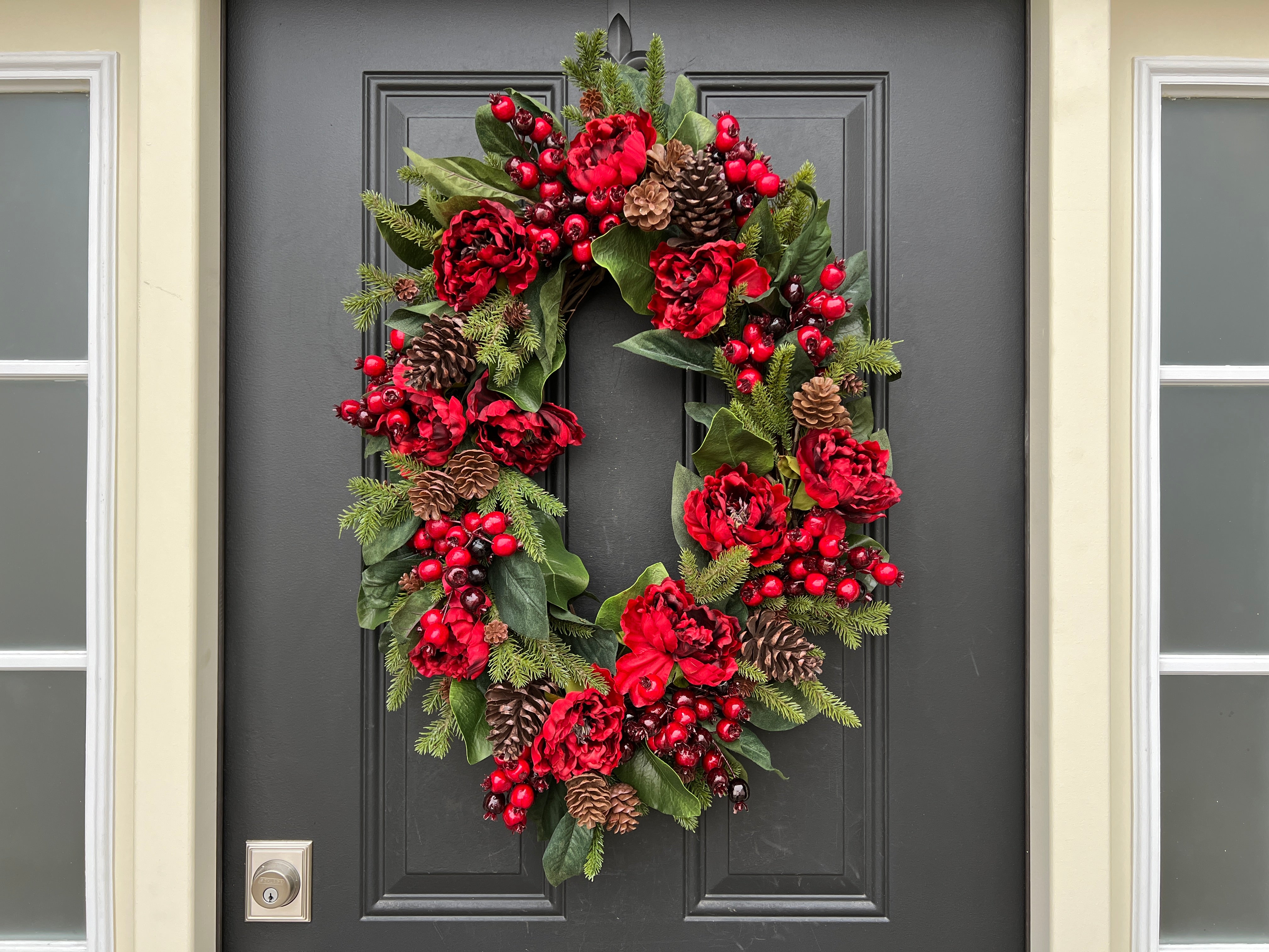 Oval Wreath with Holiday Red Peonies and Pinecones