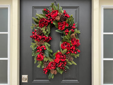Oval Wreath with Holiday Red Peonies and Pinecones - TwoInspireYou