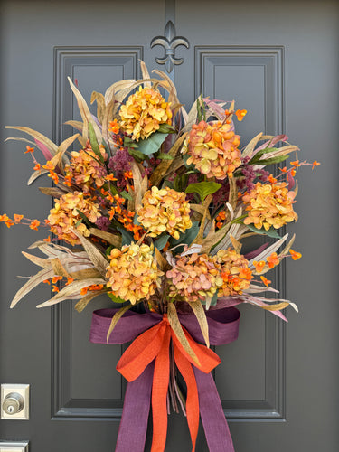 Fall Hydrangea Bouquet Wreath with Layered Bow