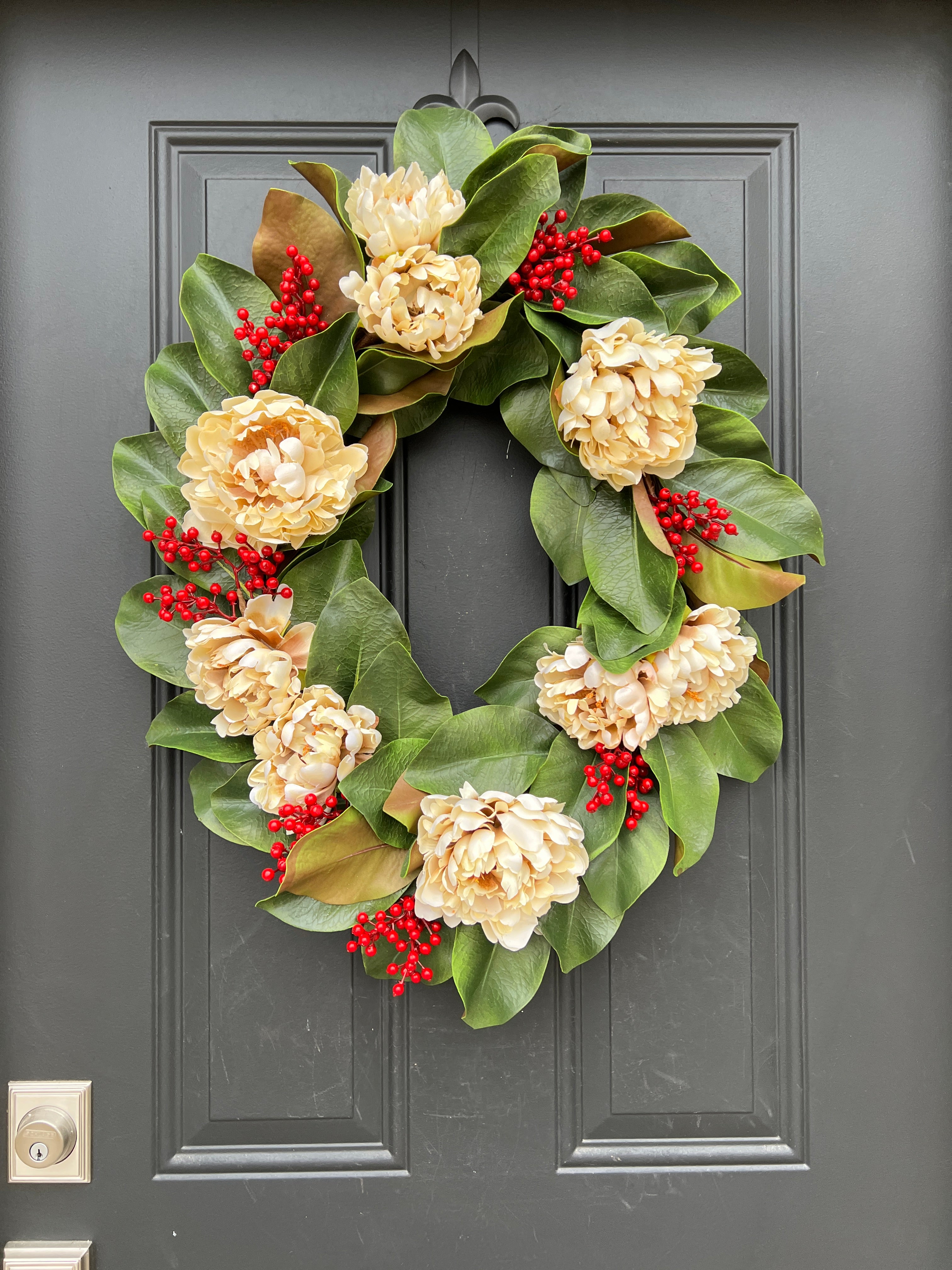 Oval Magnolia & Cream Peony Wreath with Red Berries – Handmade Holiday Door Decor