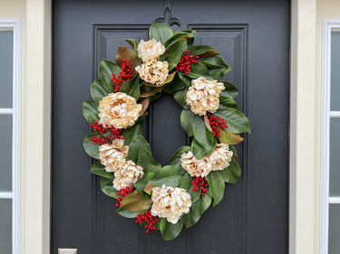 Oval Magnolia & Cream Peony Wreath with Red Berries – Handmade Holiday Door Decor - TwoInspireYou