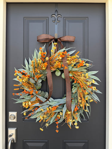 Orange Wildflowers and Eucalyptus Fall Wreath