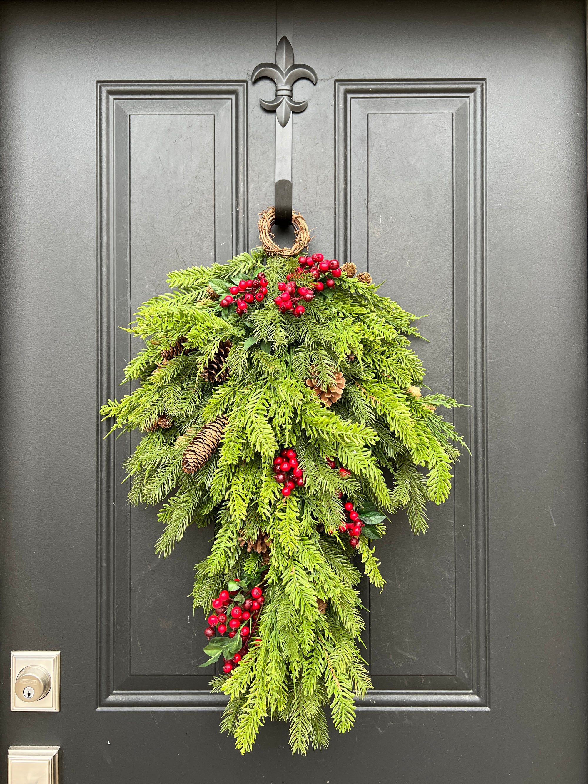 Natural Touch Pine Teardrop Wreath with Red Berries