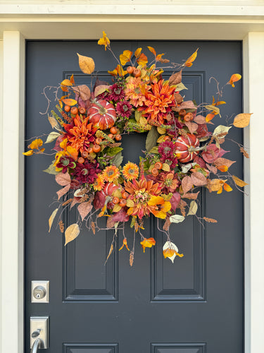 Red Pumpkin and Autumn Floral Wreath
