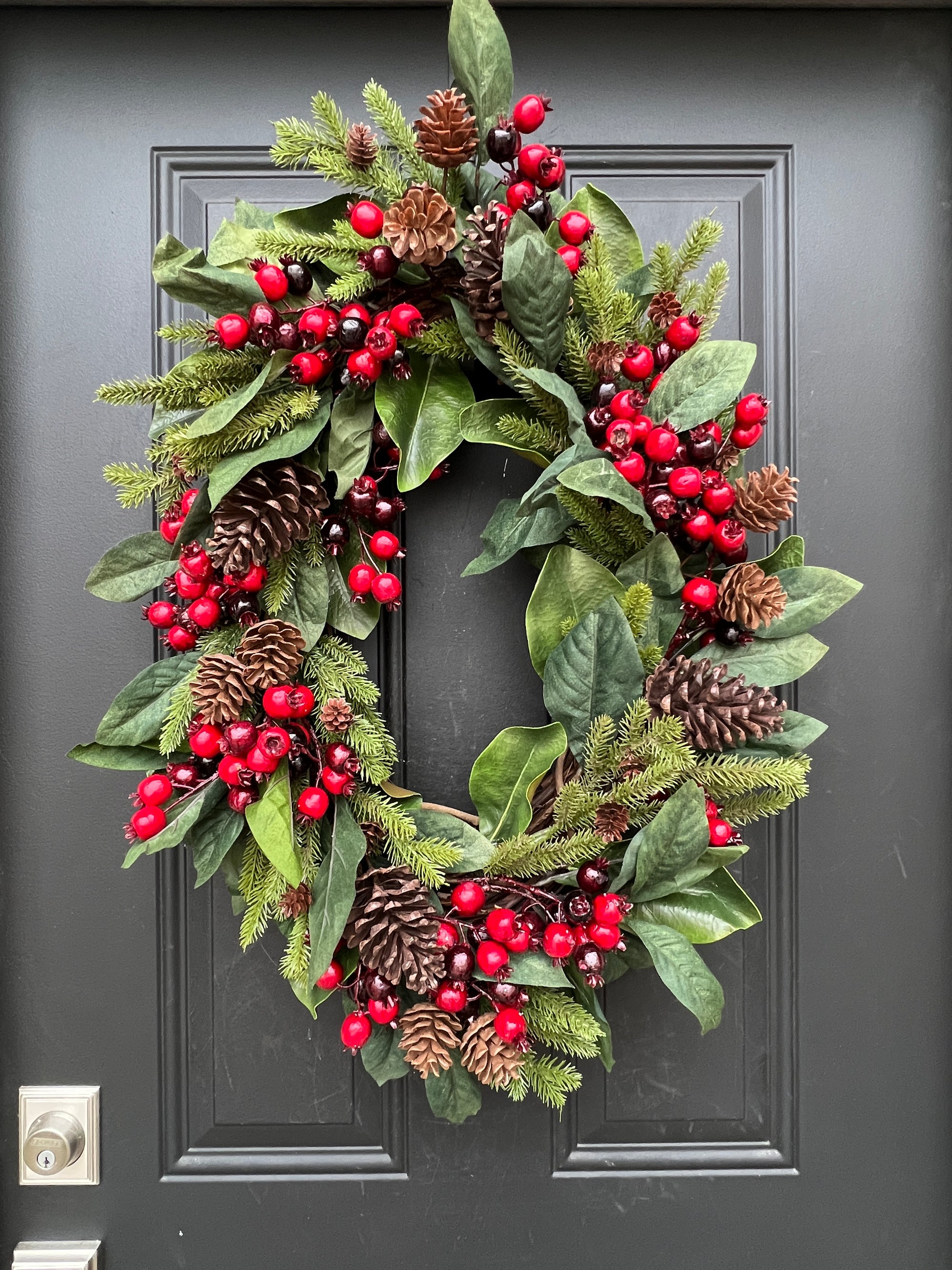 Oval Magnolia Wreath with Currant Berries and Pinecones
