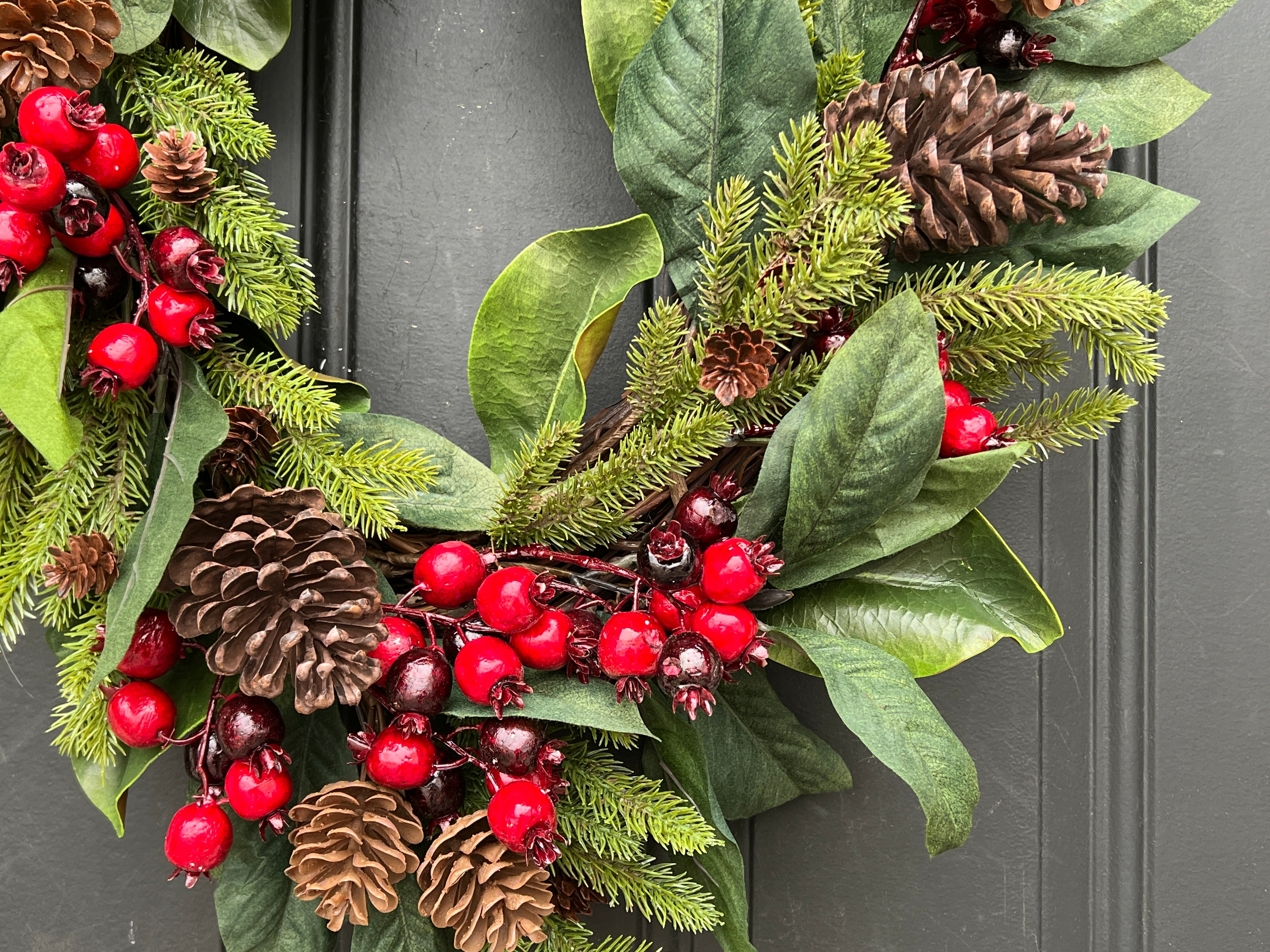 Oval Magnolia Wreath with Currant Berries and Pinecones