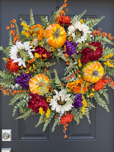 Colorful Pumpkin and Wildflower Fall Wreath