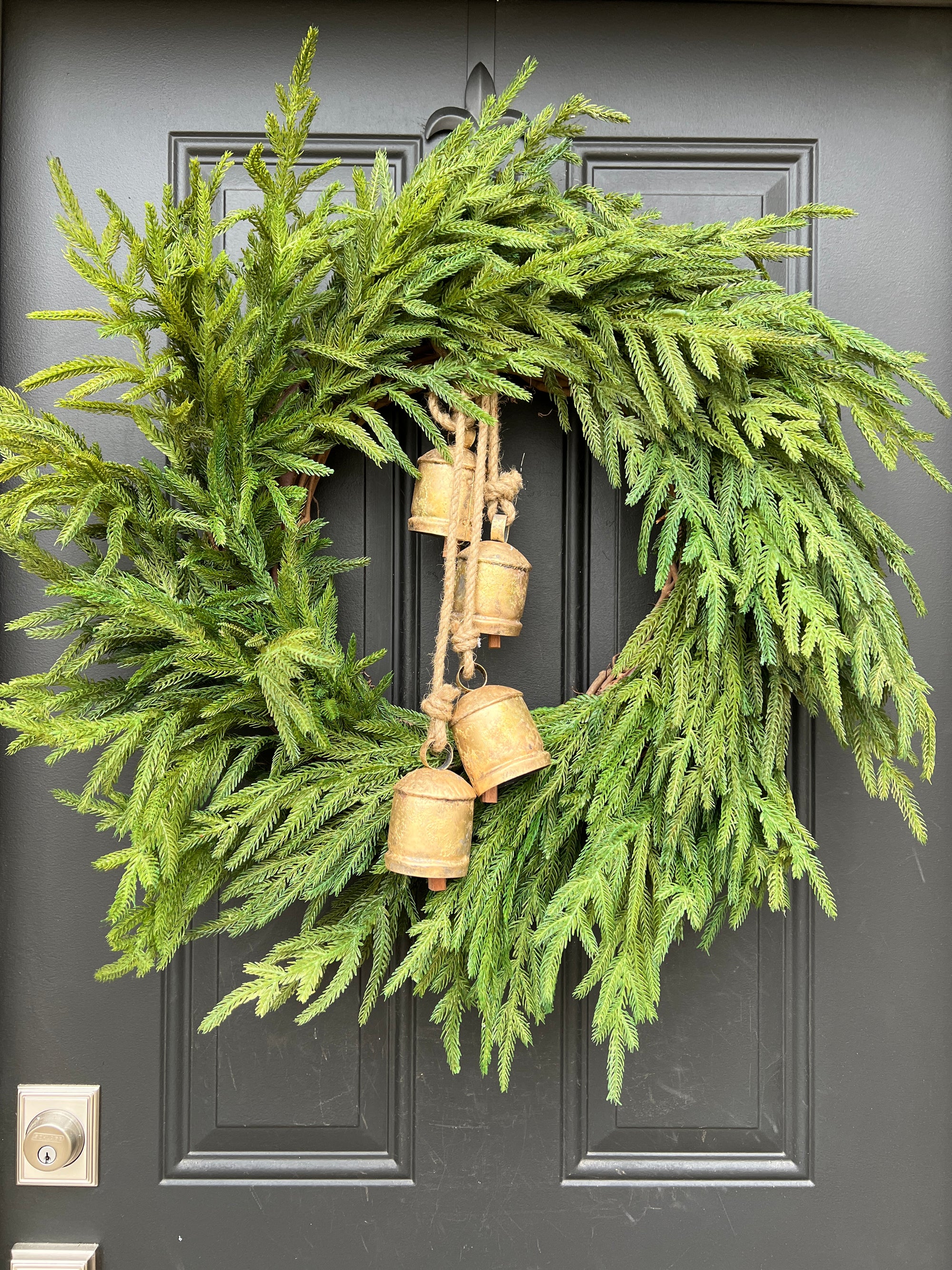 Norfolk Pine Wreath with Decorative Gold Hanging Bells