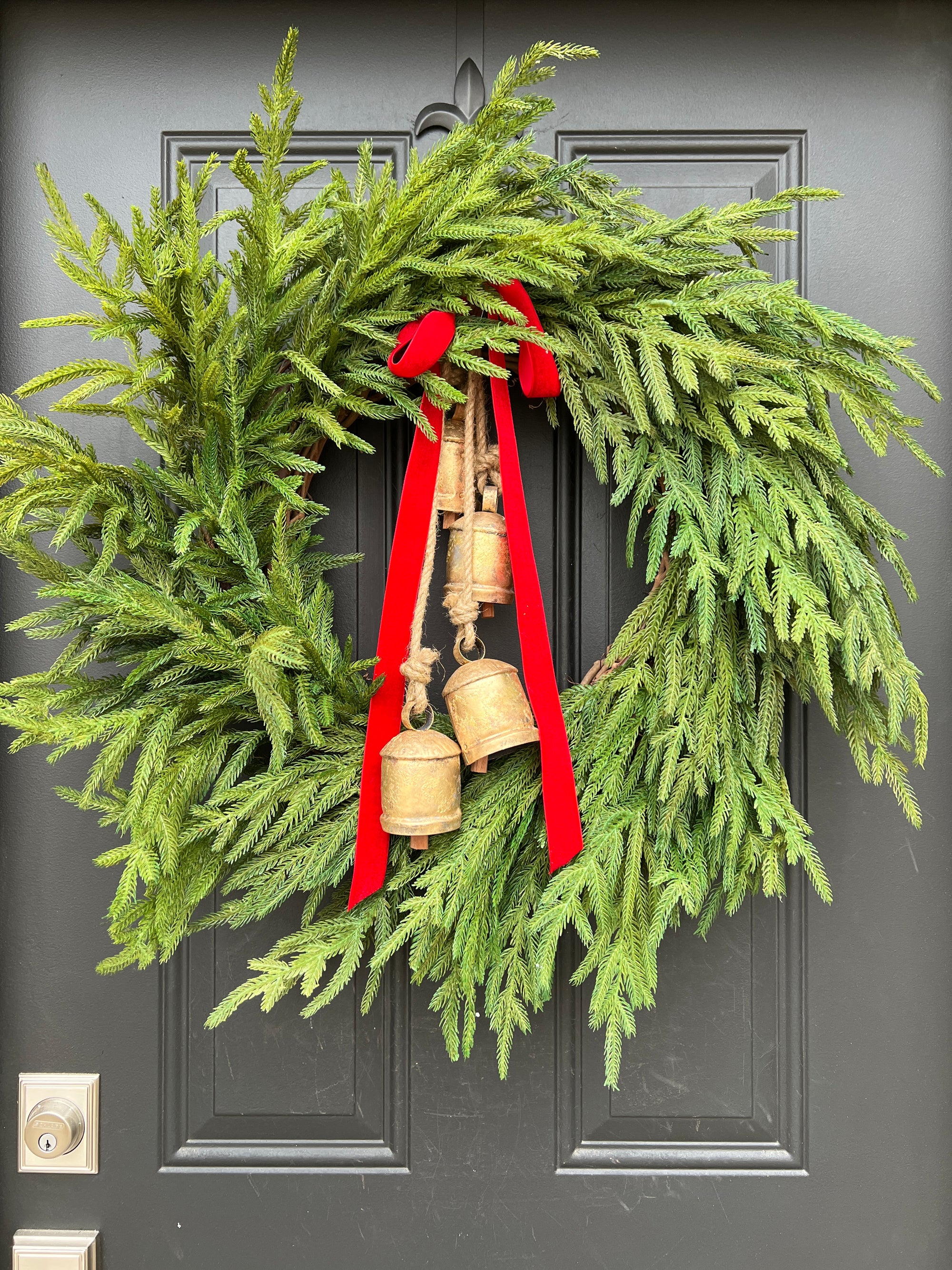 Norfolk Pine Wreath with Decorative Gold Hanging Bells and Red Velvet Ribbon