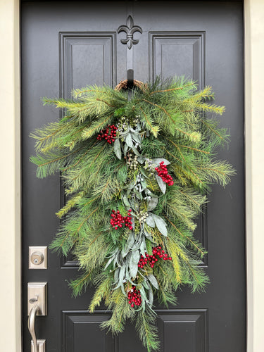 Christmas Pine Swag Teardrop Wreath with Berries - TwoInspireYou