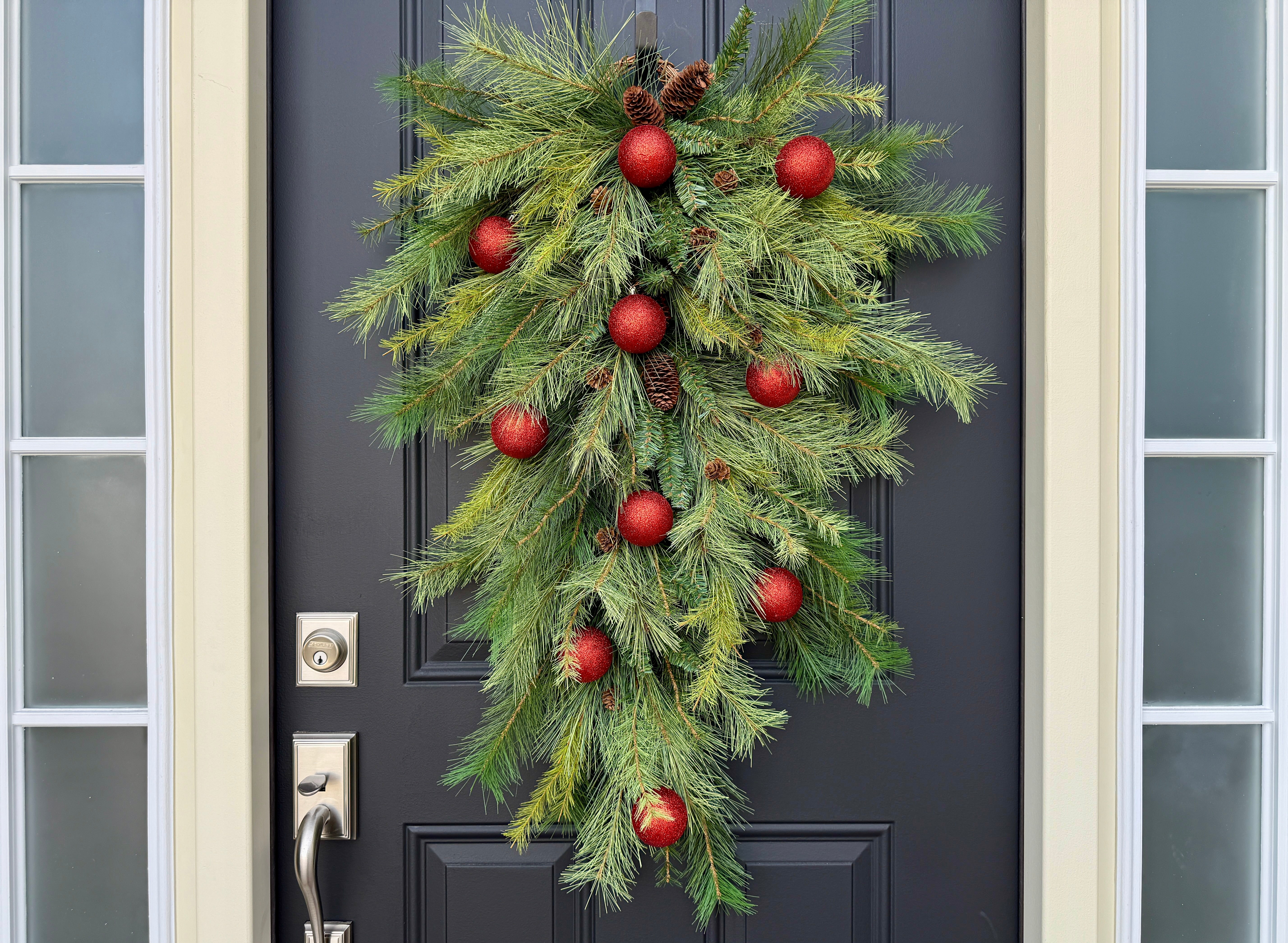 Deluxe Red Ornament & Pine Swag – Handcrafted Christmas Door Decor |