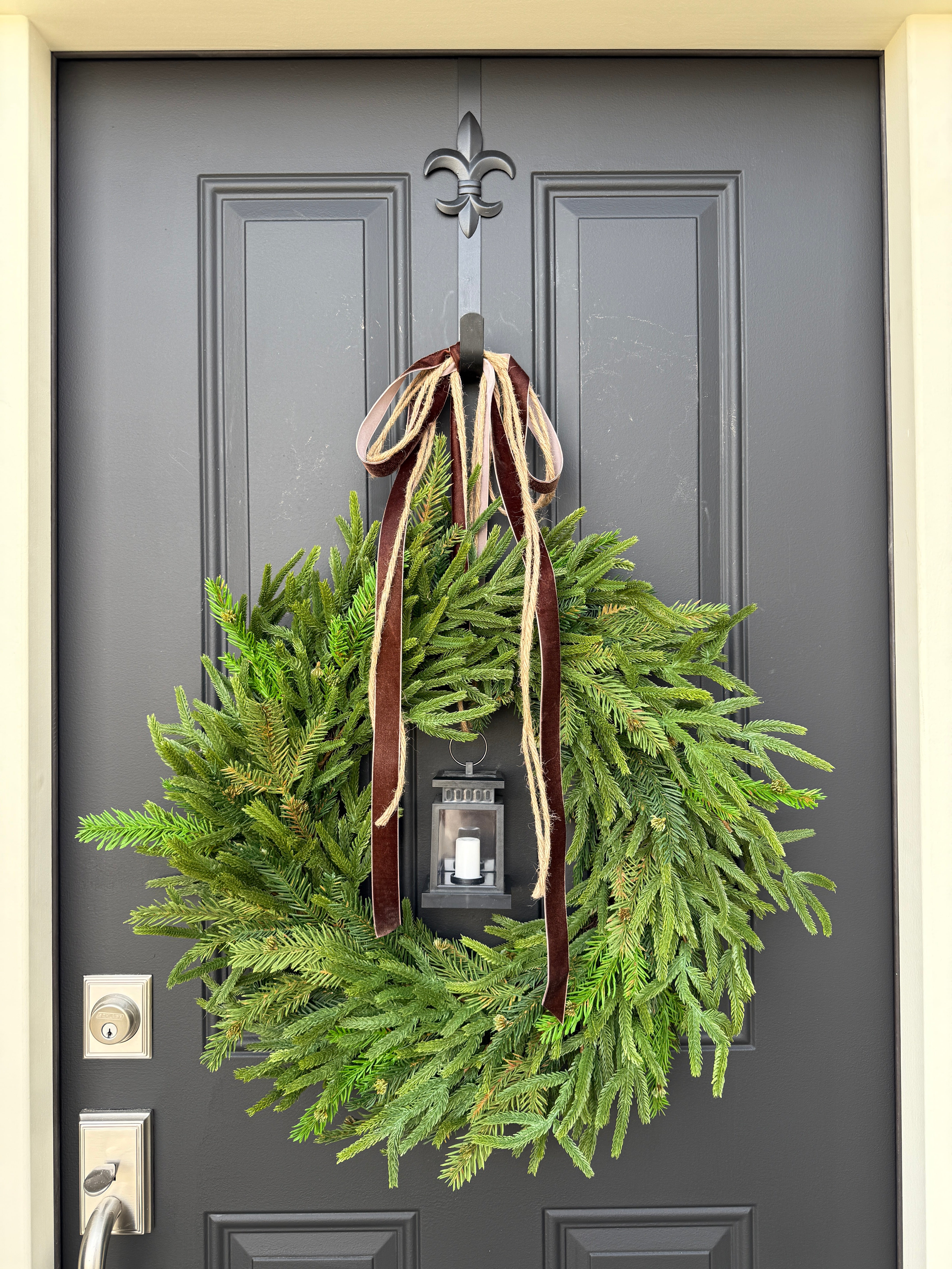 Norfolk Pine & Lantern Christmas Wreath with Velvet Ribbon – Elegant Winter Door Decor |