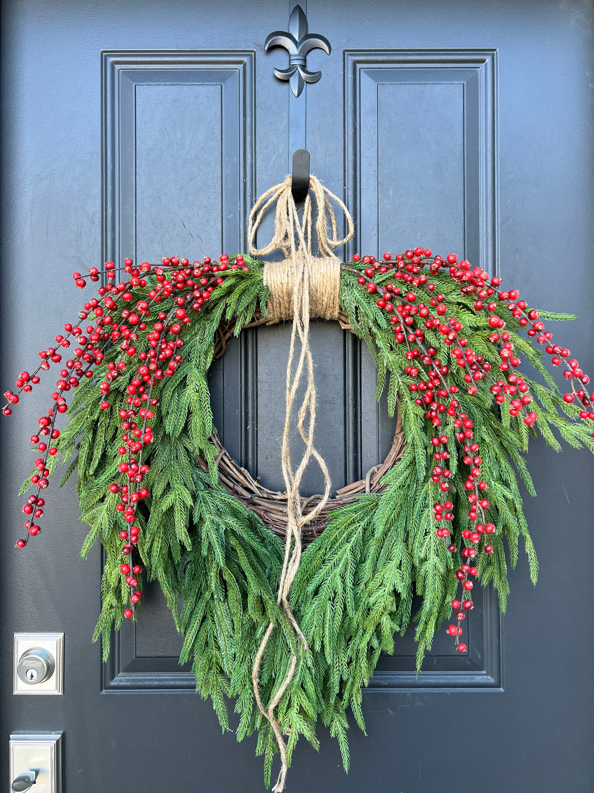 Norfolk Pine Decorative Wreath with Red Berry Branches for Front Door, Natural Touch Winter Evergreen Crown