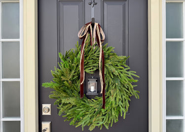 Norfolk Pine & Lantern Christmas Wreath with Velvet Ribbon – Elegant Winter Door Decor | - TwoInspireYou