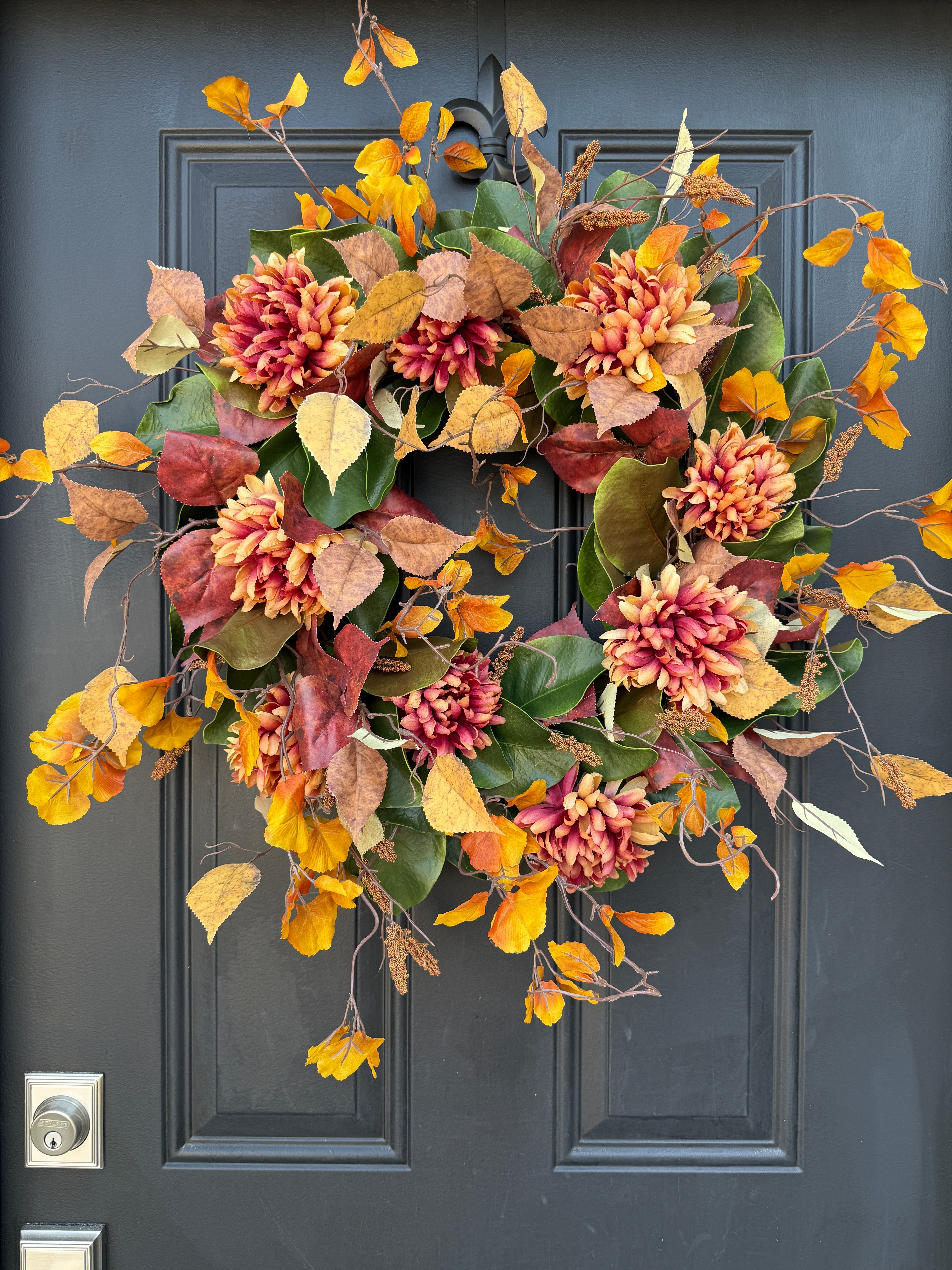 Fall Chrysanthemum Wreath with Autumn Leaves and Foliage