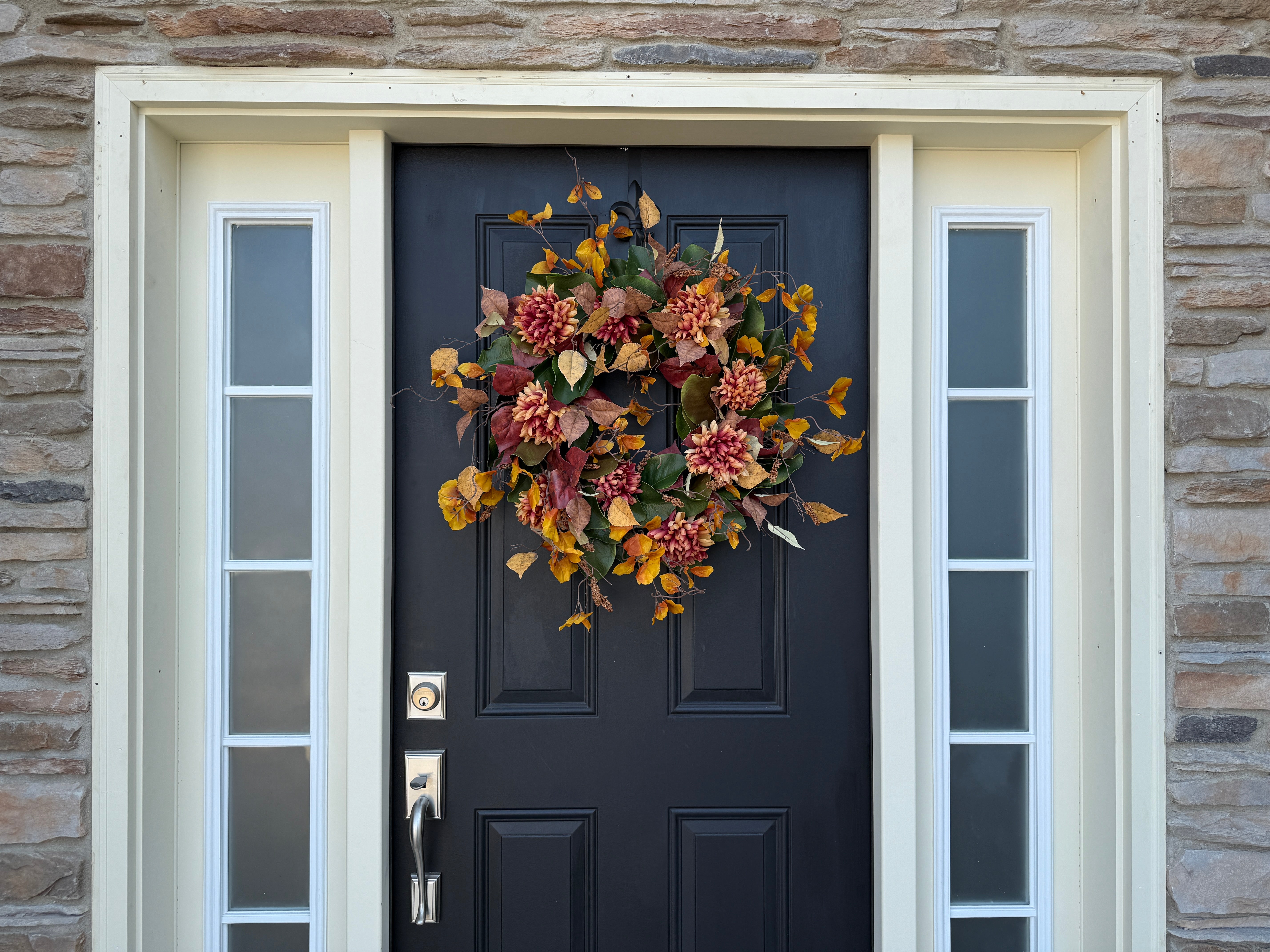 Fall Chrysanthemum Wreath with Autumn Leaves and Foliage