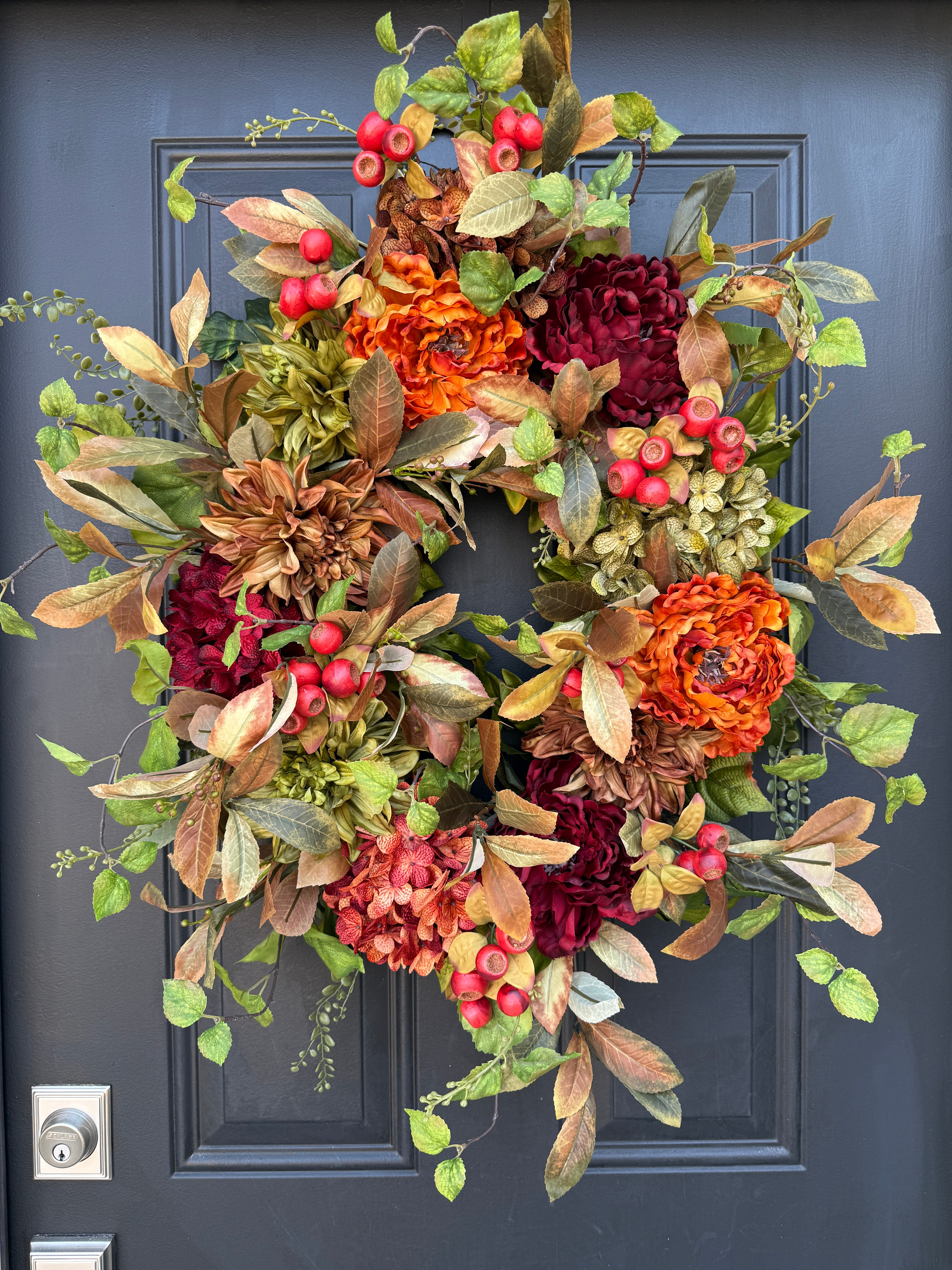 Autumn Berry & Floral Oval Wreath – Fall Door Decor with Orange & Red Accents