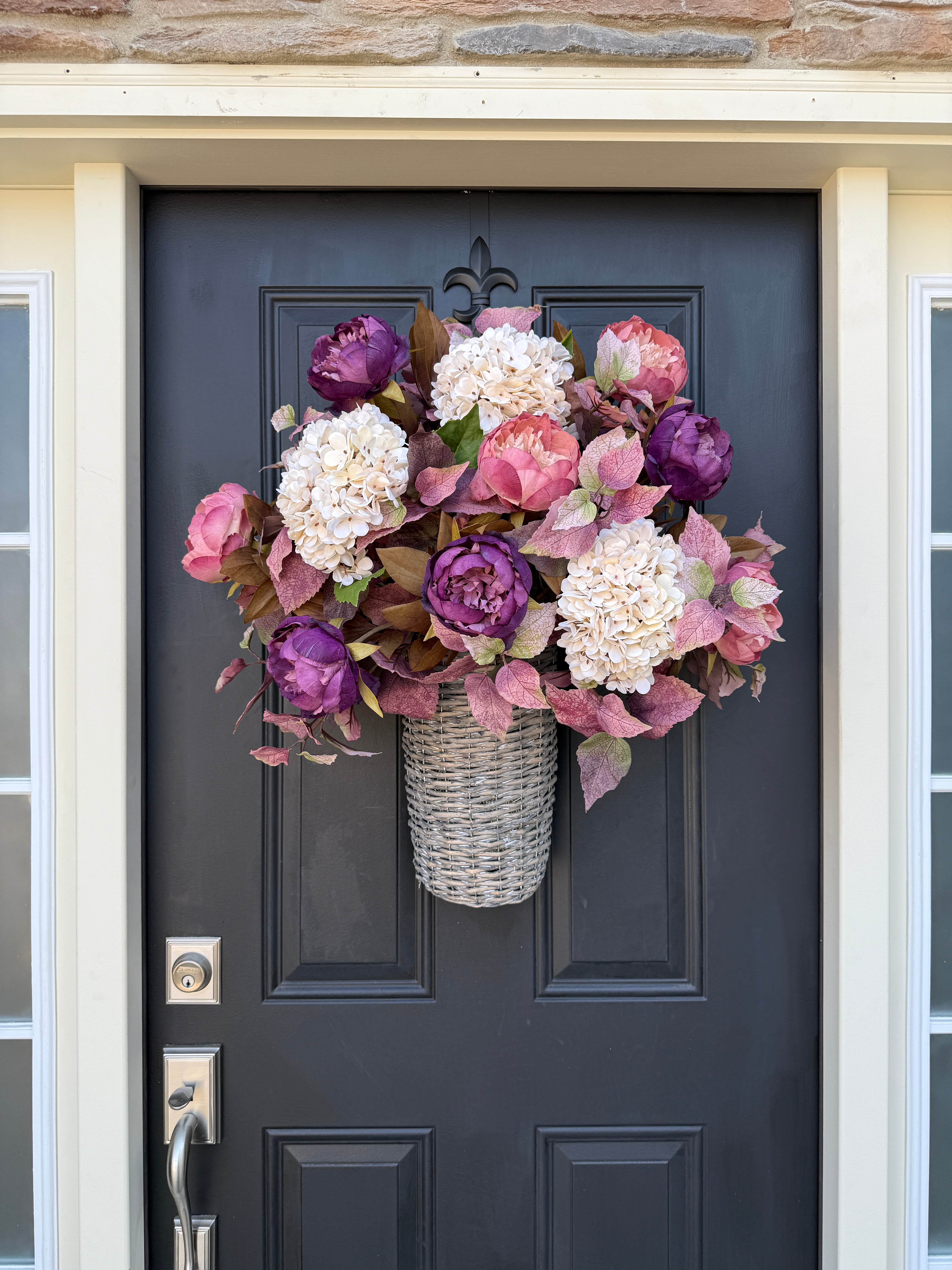 Fall Peony & Hydrangea Basket – Purple, Blush & Cream Door Arrangement - TwoInspireYou