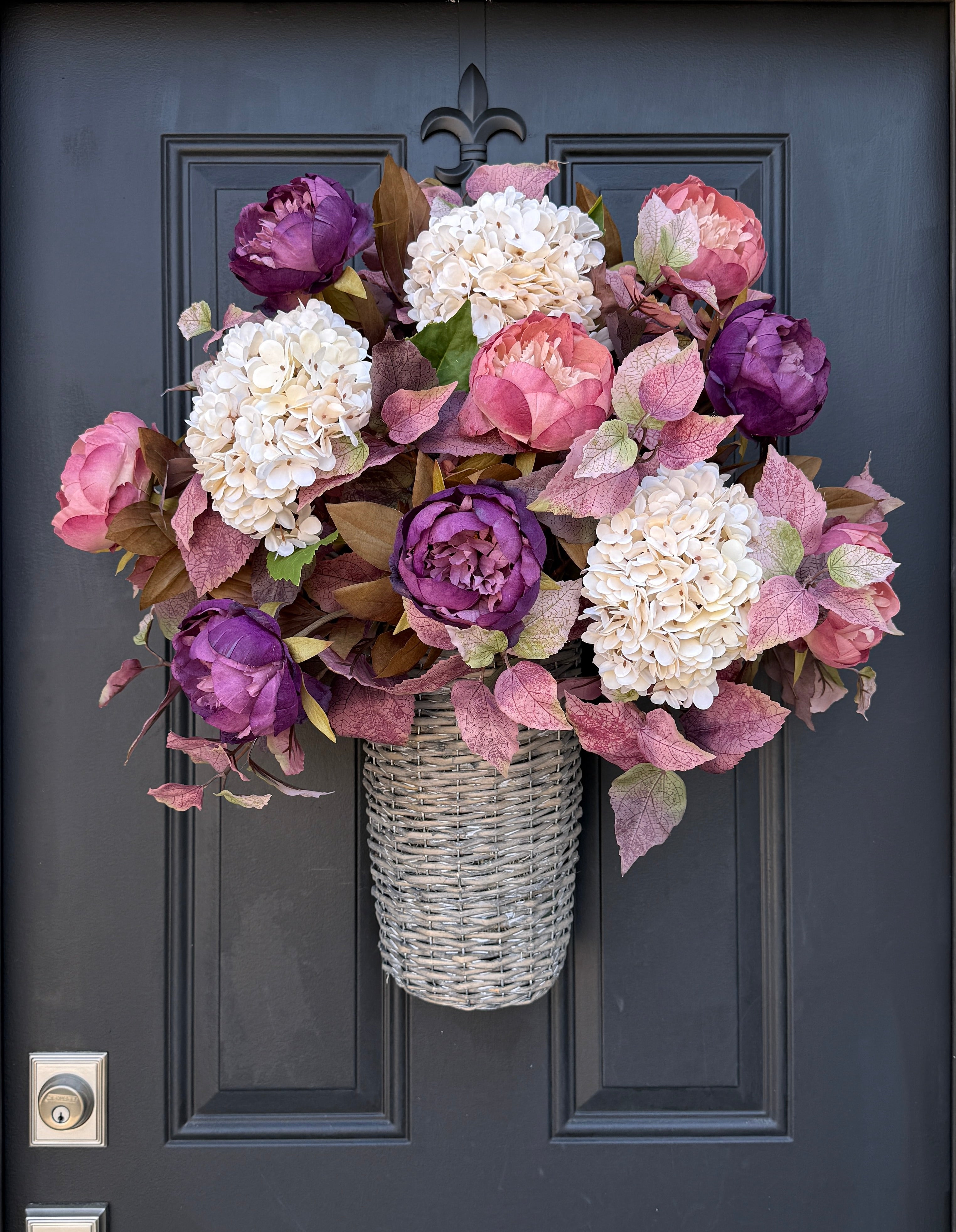 Fall Peony & Hydrangea Basket – Purple, Blush & Cream Door Arrangement - TwoInspireYou