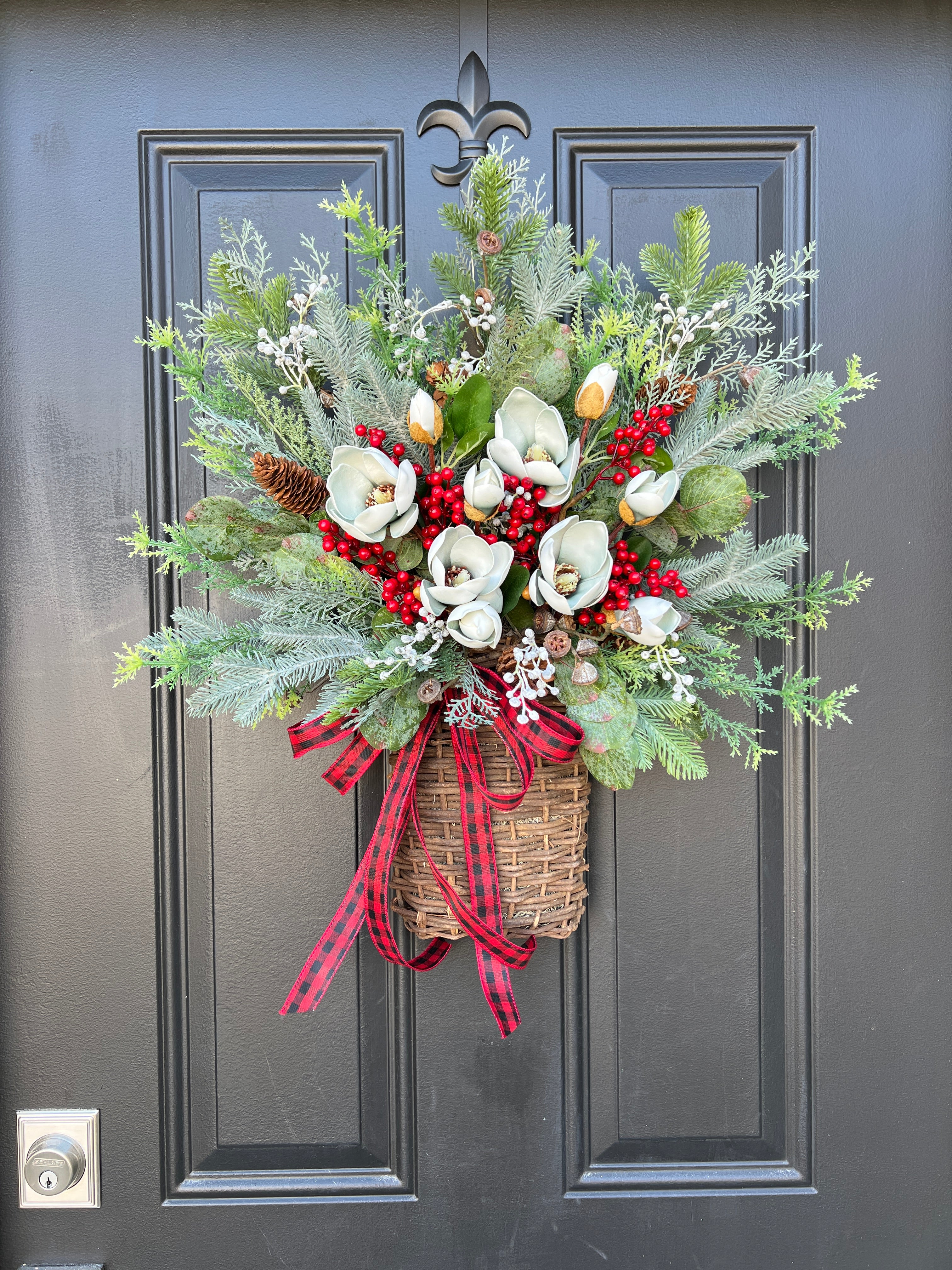 Magnolia and Red Berry Christmas Basket Wreath