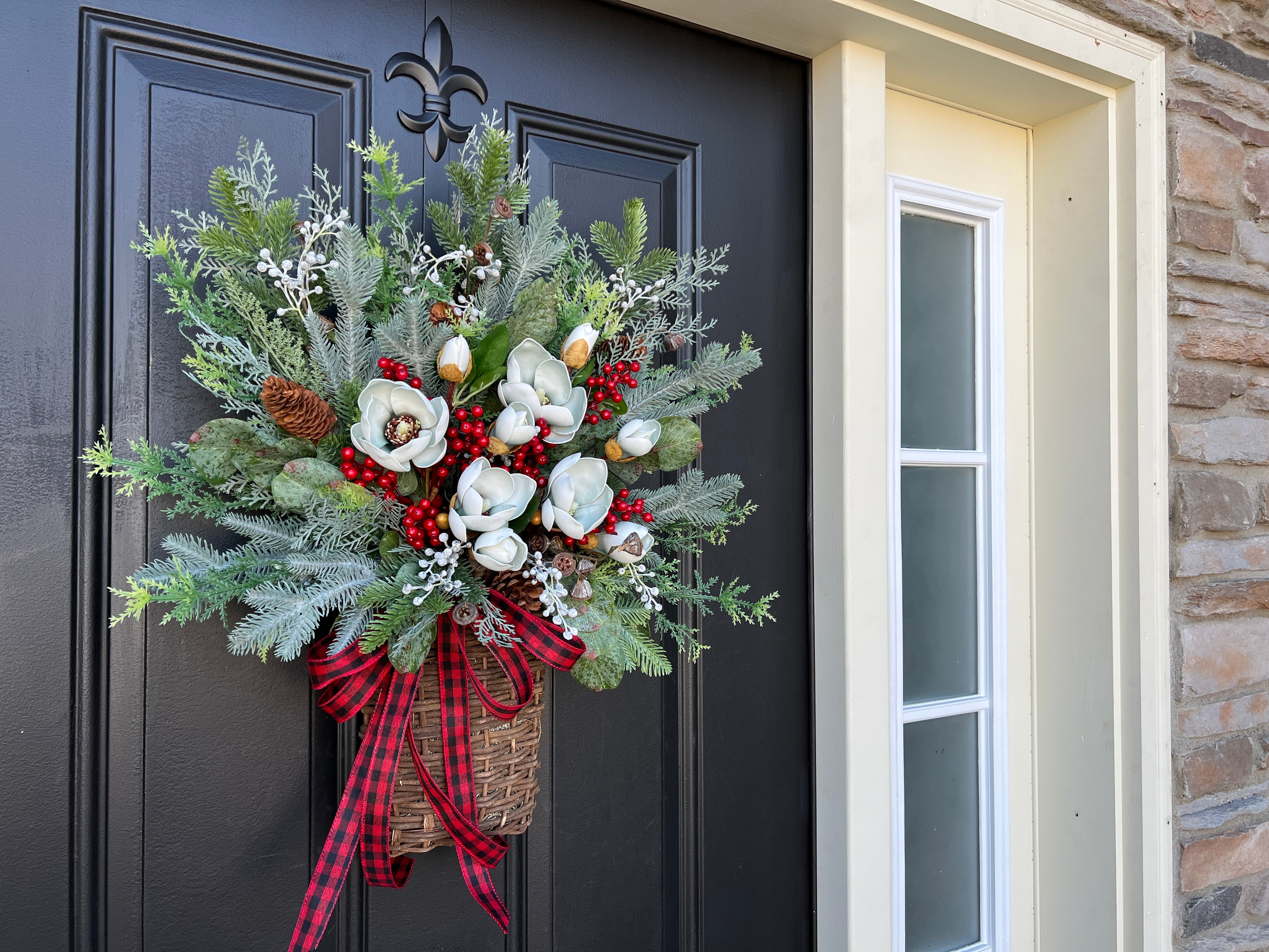 Magnolia and Red Berry Christmas Basket Wreath