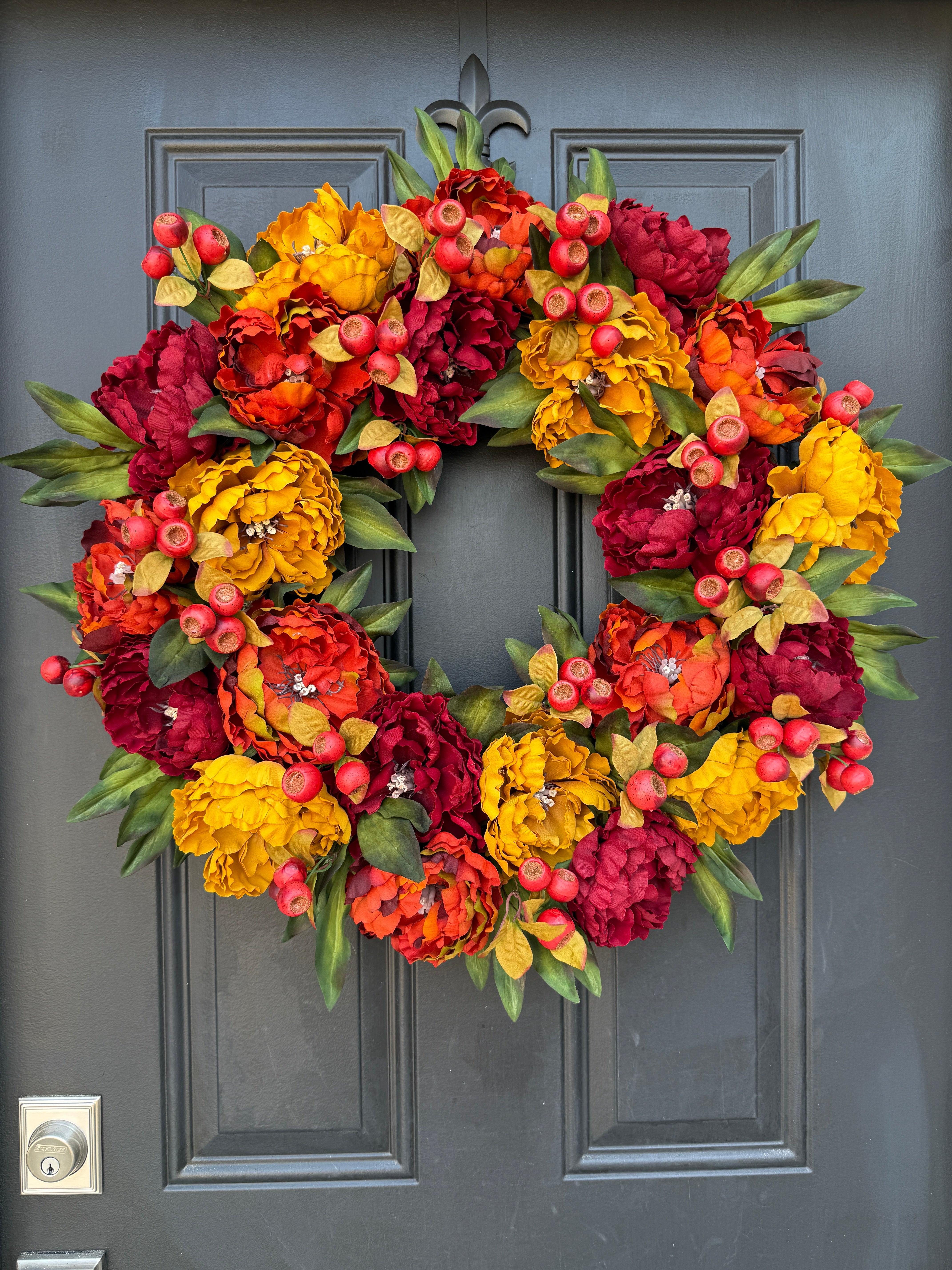 Red & Gold Peony Wreath for Fall – Front Door Thanksgiving Decor - TwoInspireYou