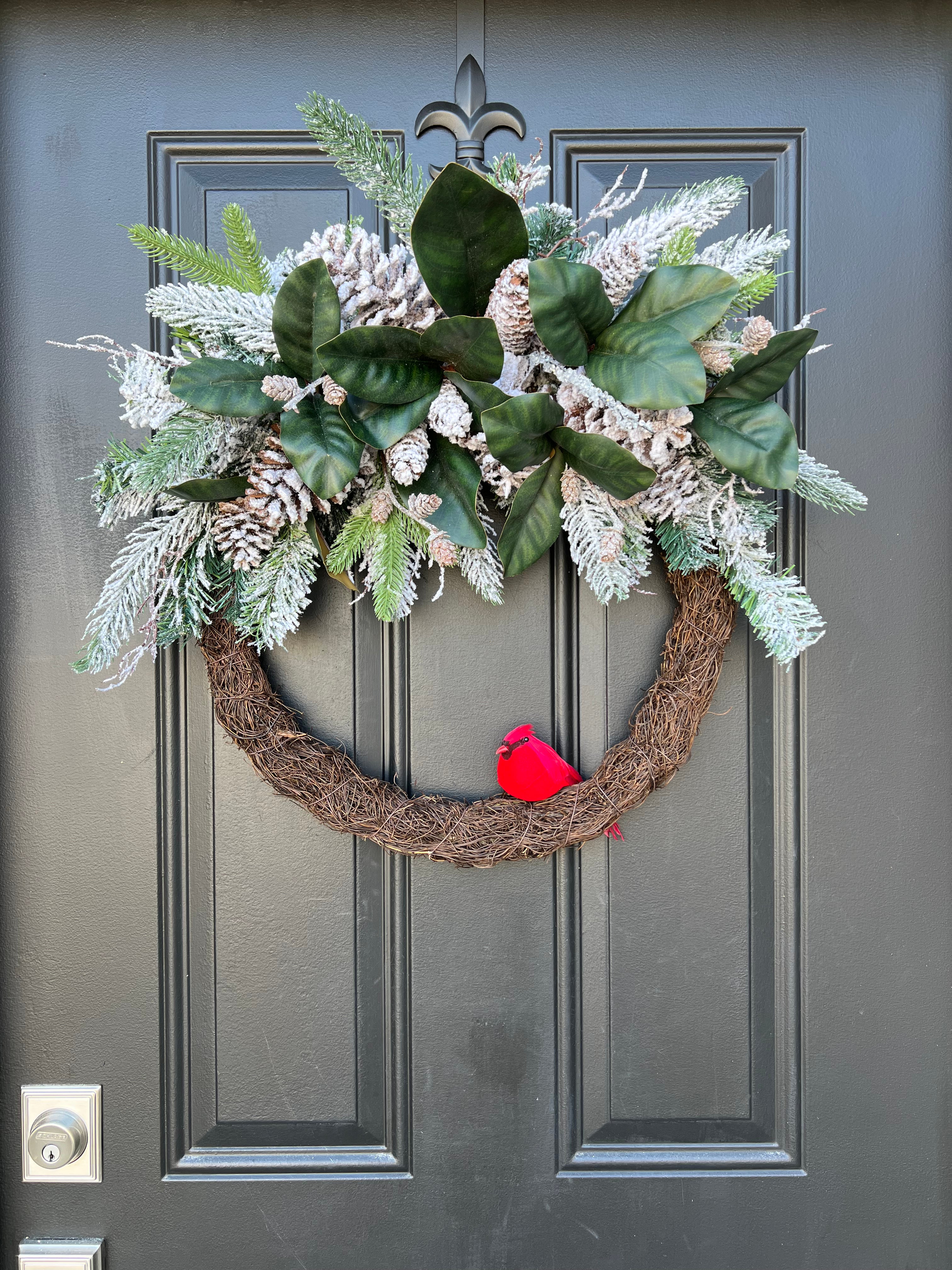 Frosted Magnolia and Cardinal Christmas Wreath