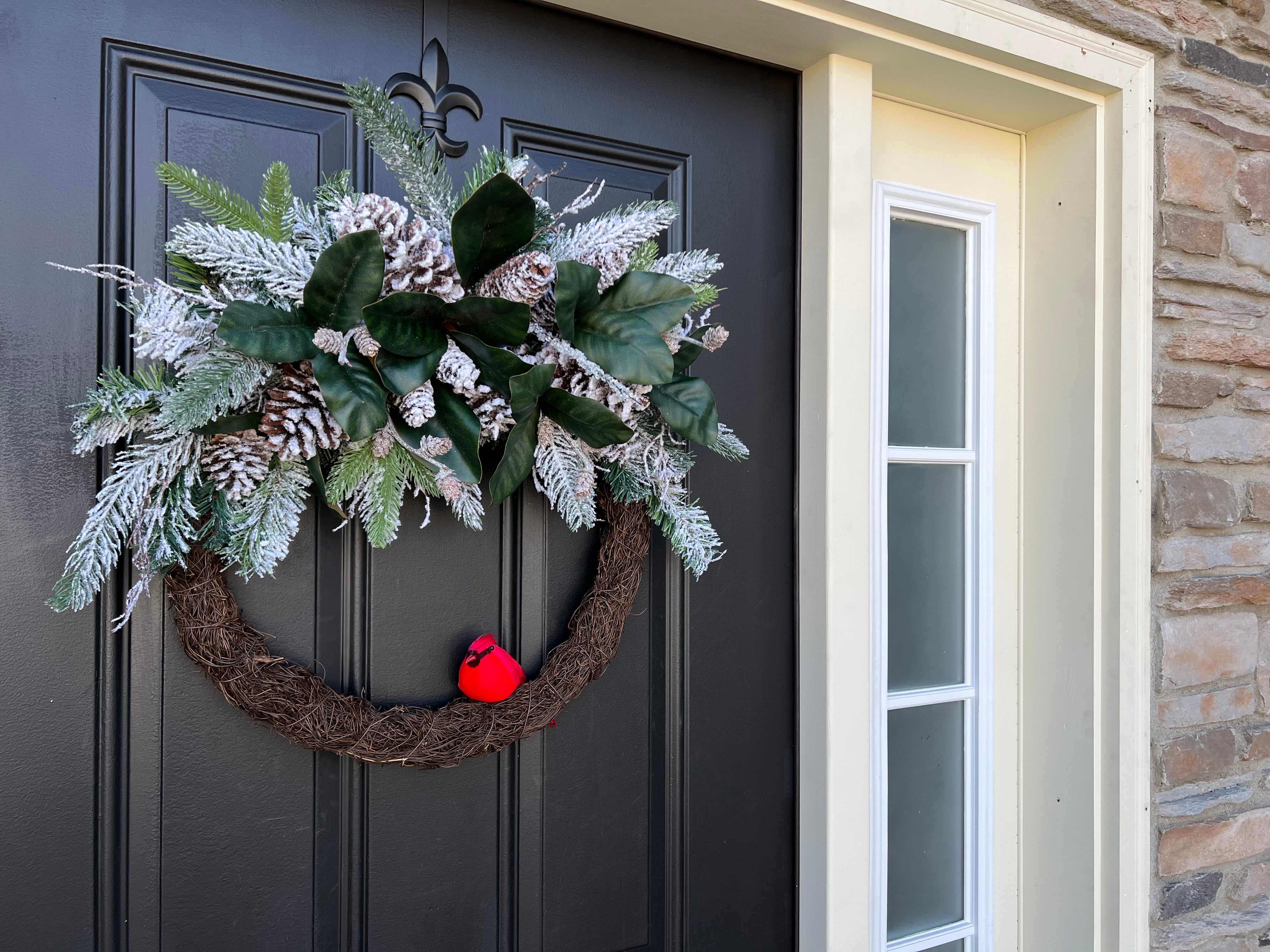 Frosted Magnolia and Cardinal Christmas Wreath