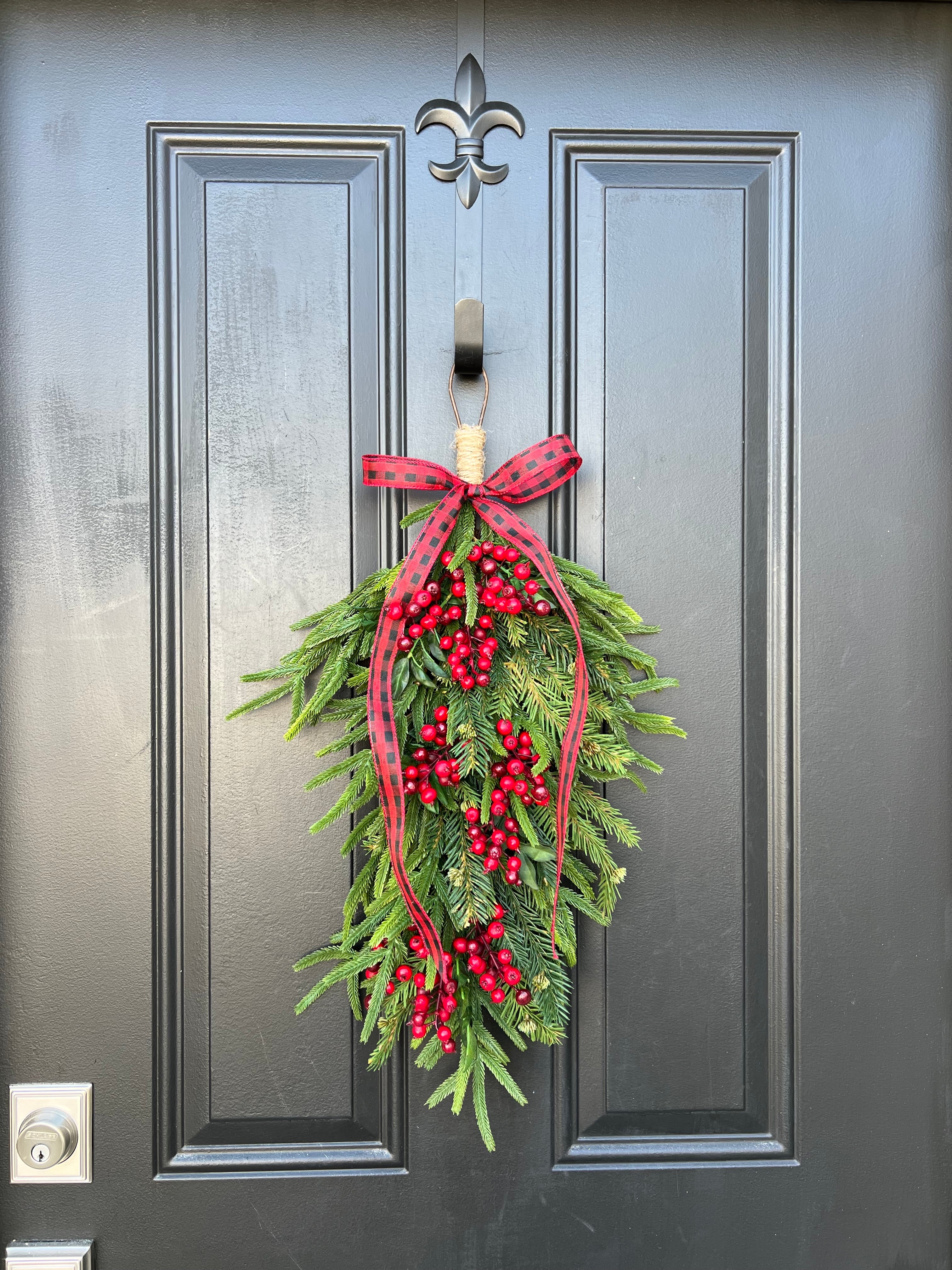 Norfolk Pine Swag with Buffalo Check Ribbon