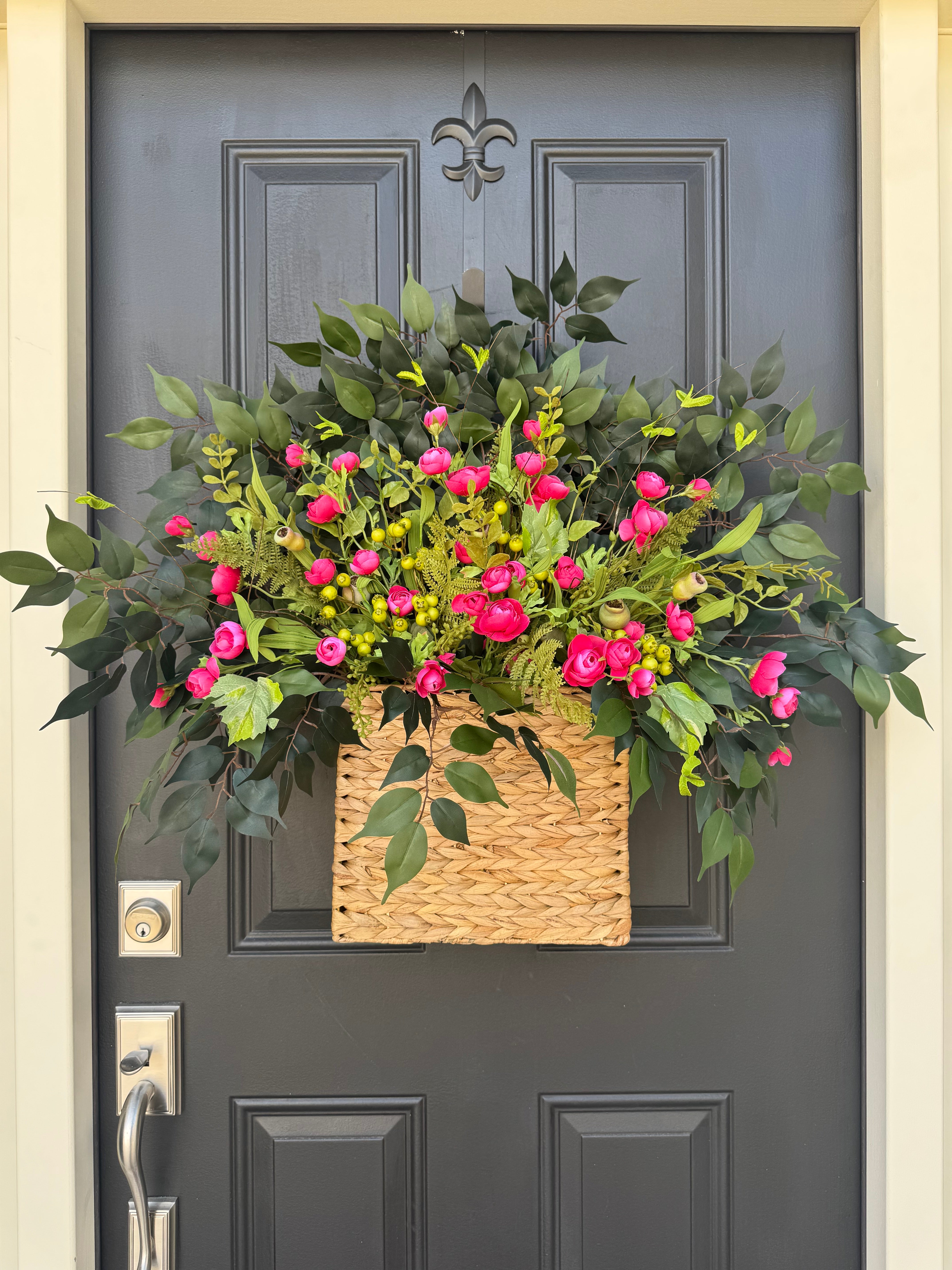 Summer Door Basket with Pink Ranunculus and Lush Greenery
