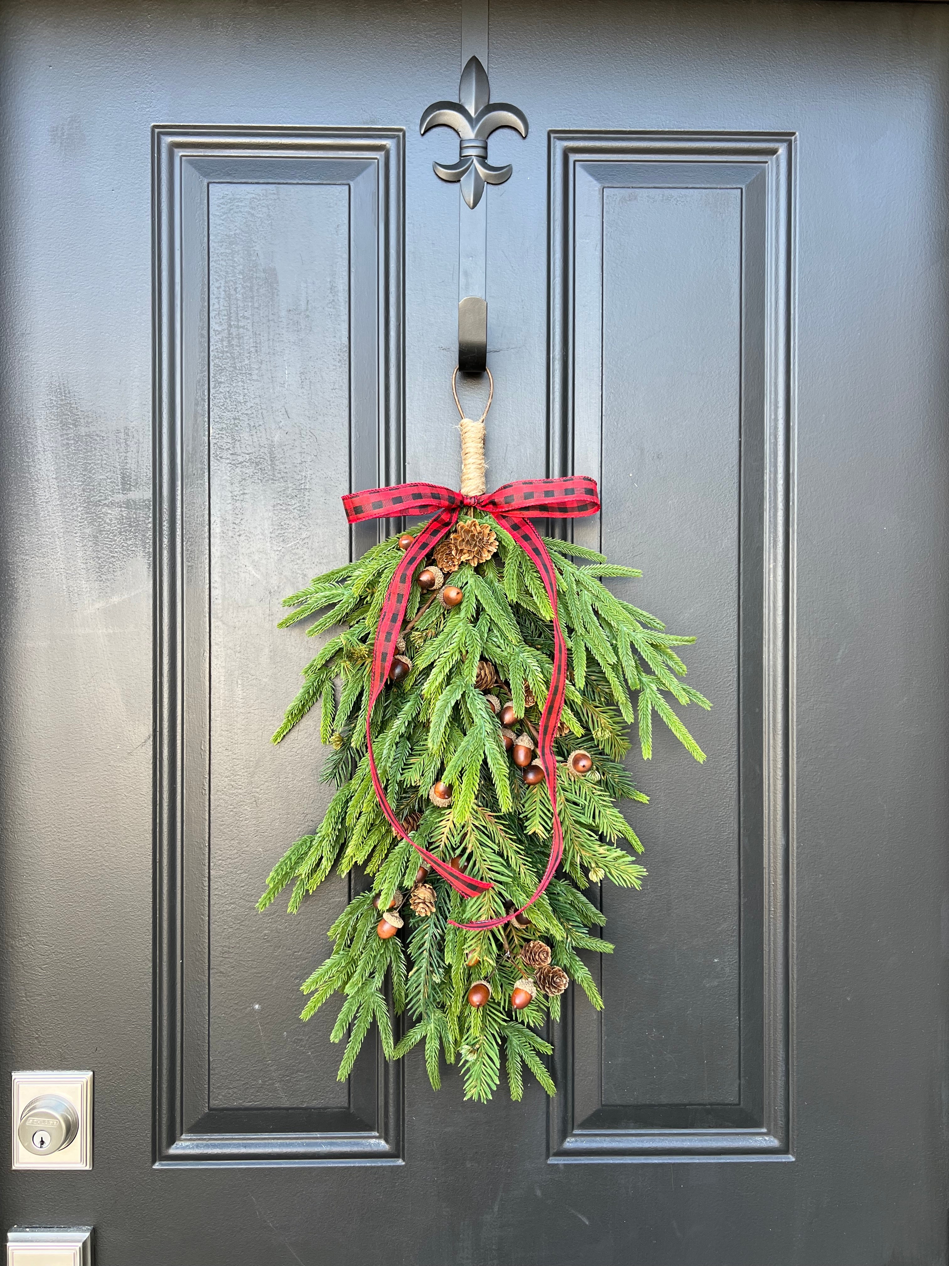 Norfolk Pine Swag with Acorns and Buffalo Plaid Ribbon