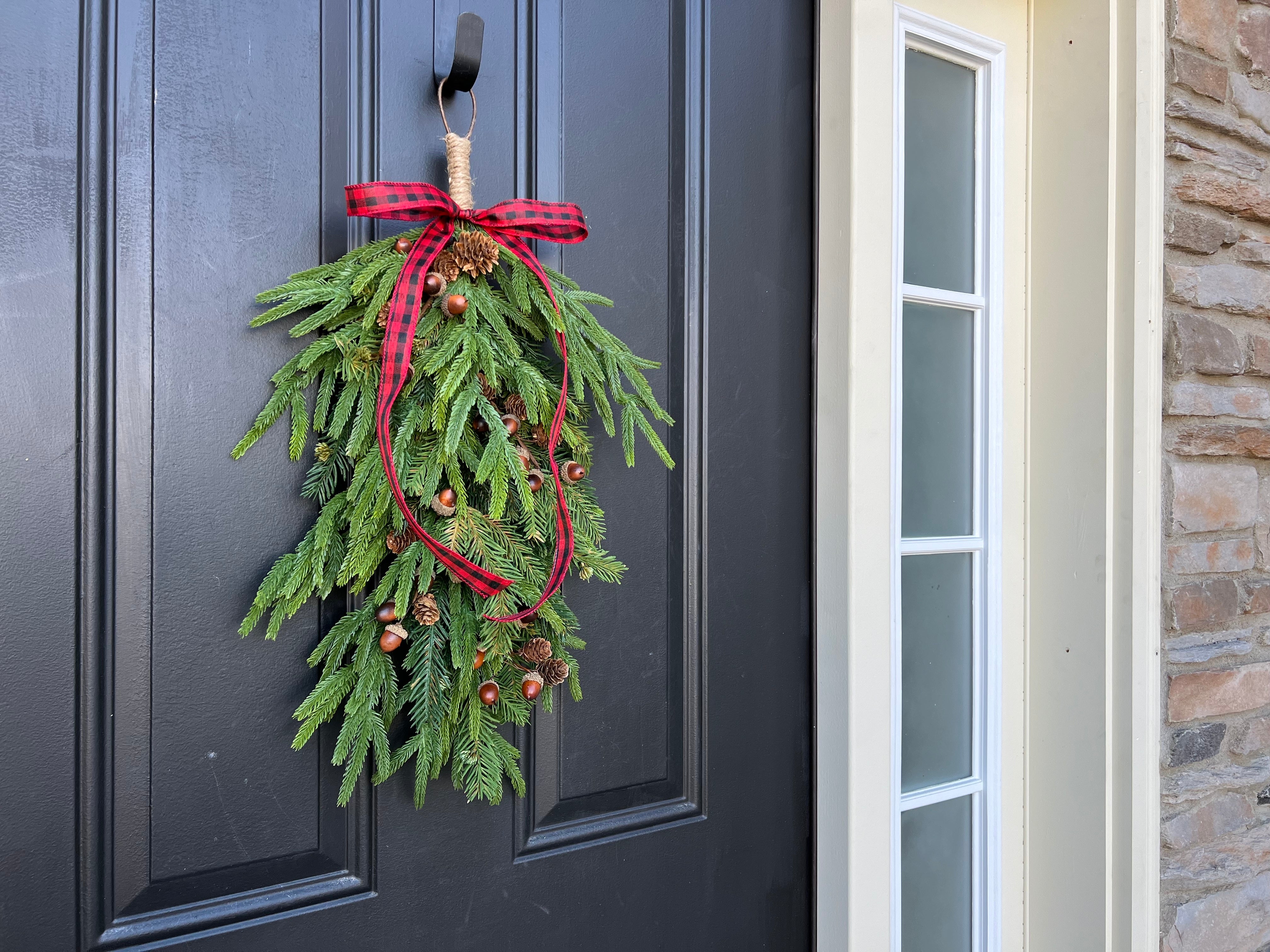 Norfolk Pine Swag with Acorns and Buffalo Plaid Ribbon