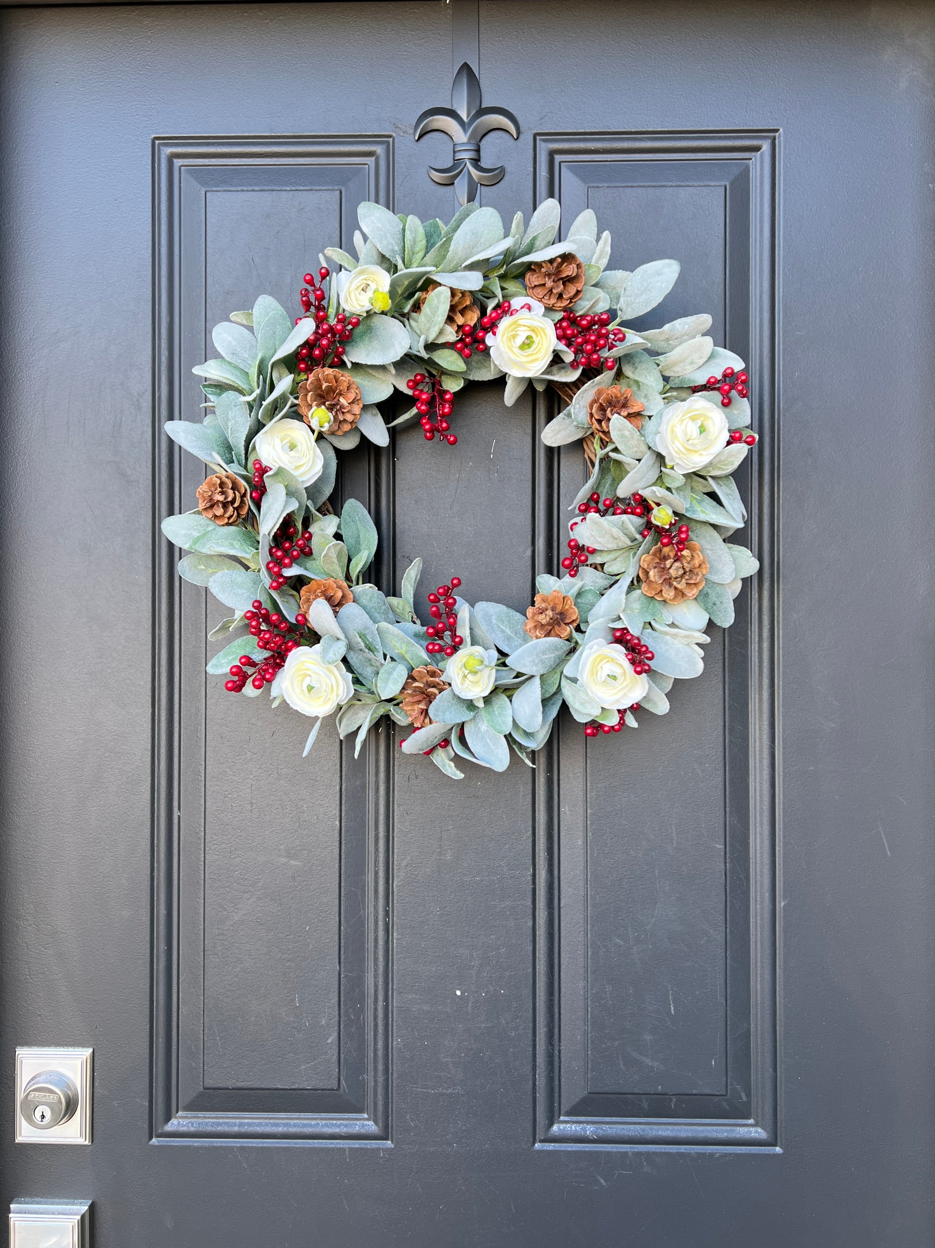 Simple Modern Holiday Lamb's Ear and Pinecone Wreath