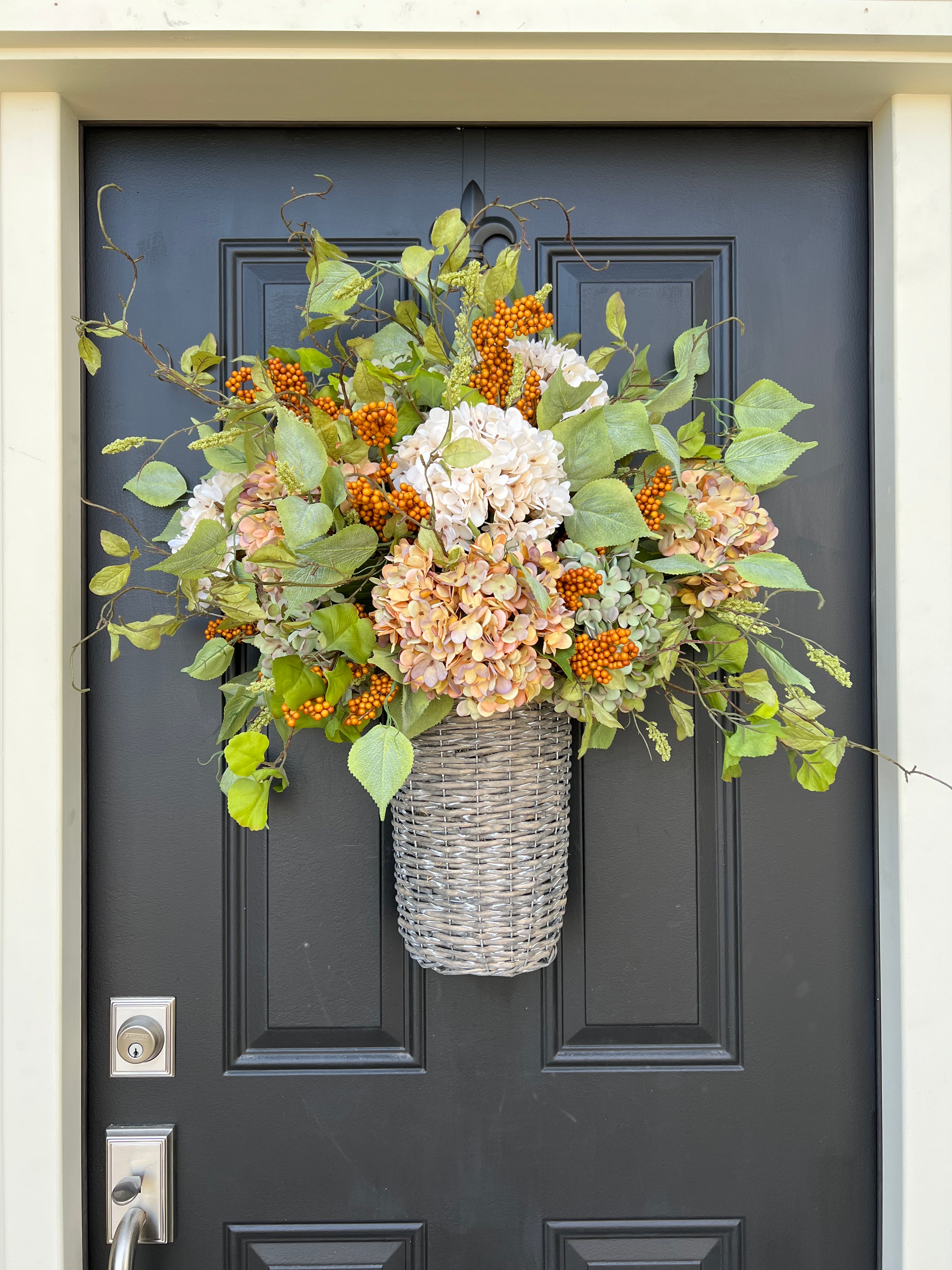 Front Door Fall Orange Hydrangea Basket Wreath