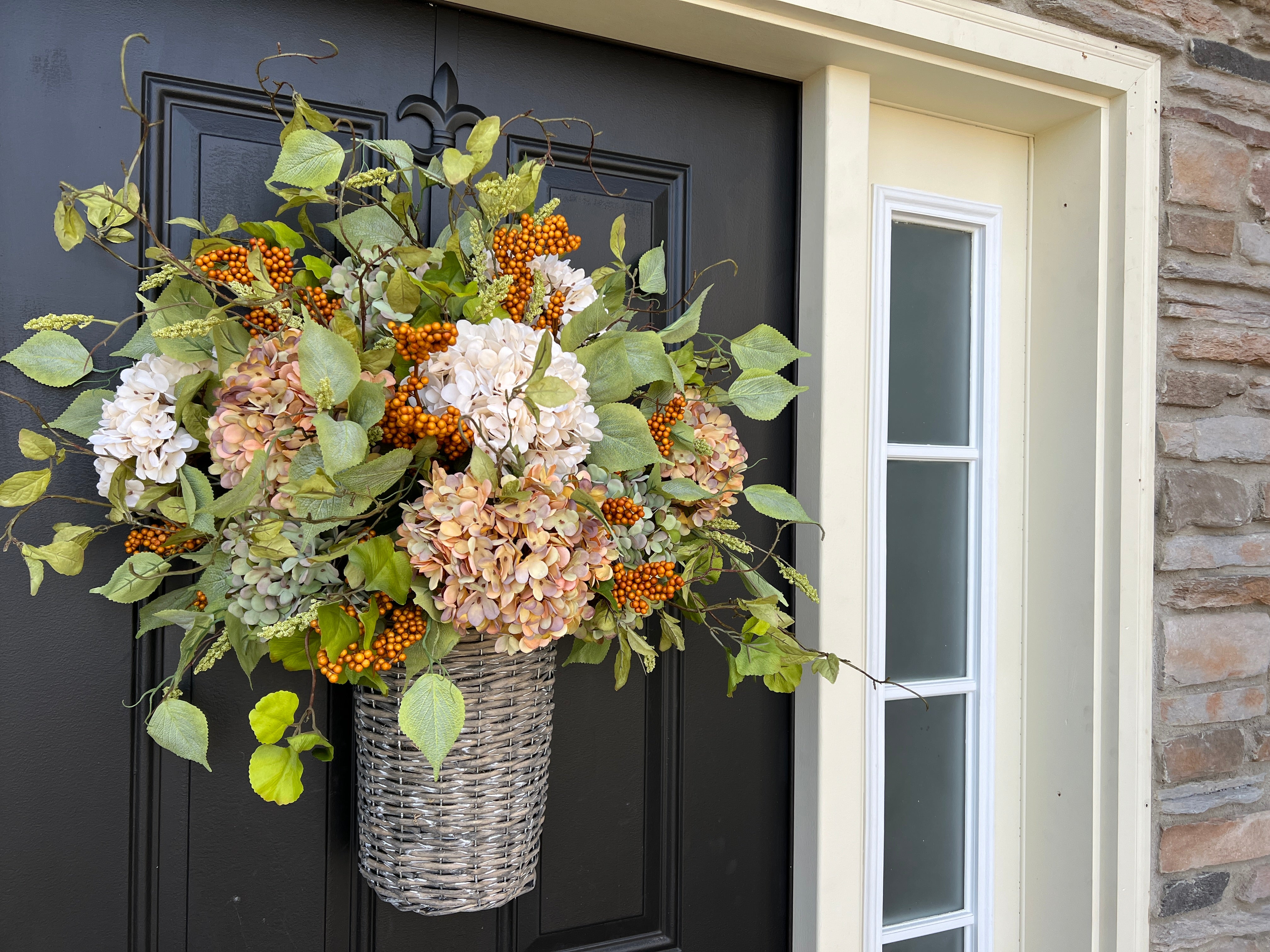 Front Door Fall Orange Hydrangea Basket Wreath