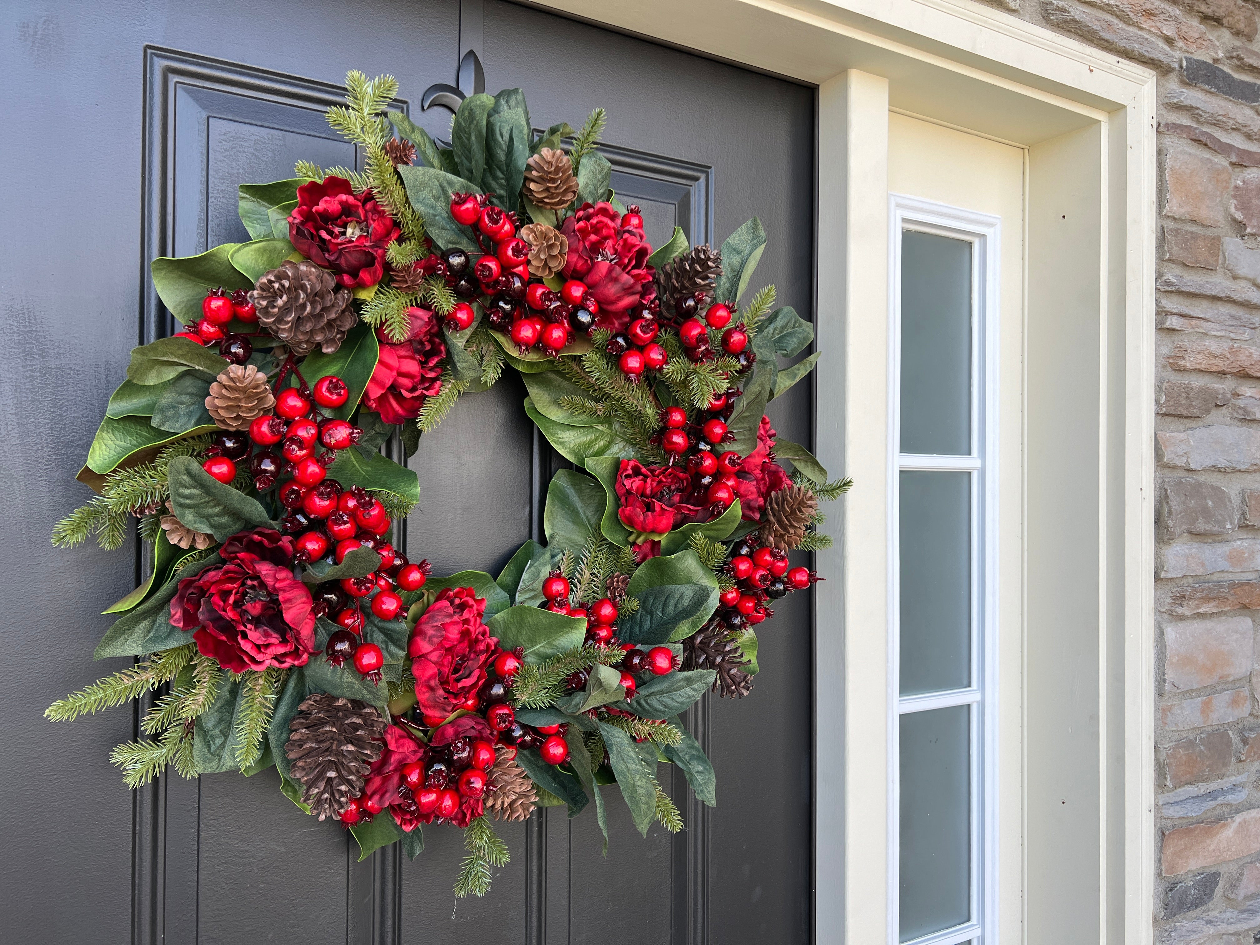 Pine and Red Berries Wreath with Pinecones and Red Peonies, The Spirit of Christmas