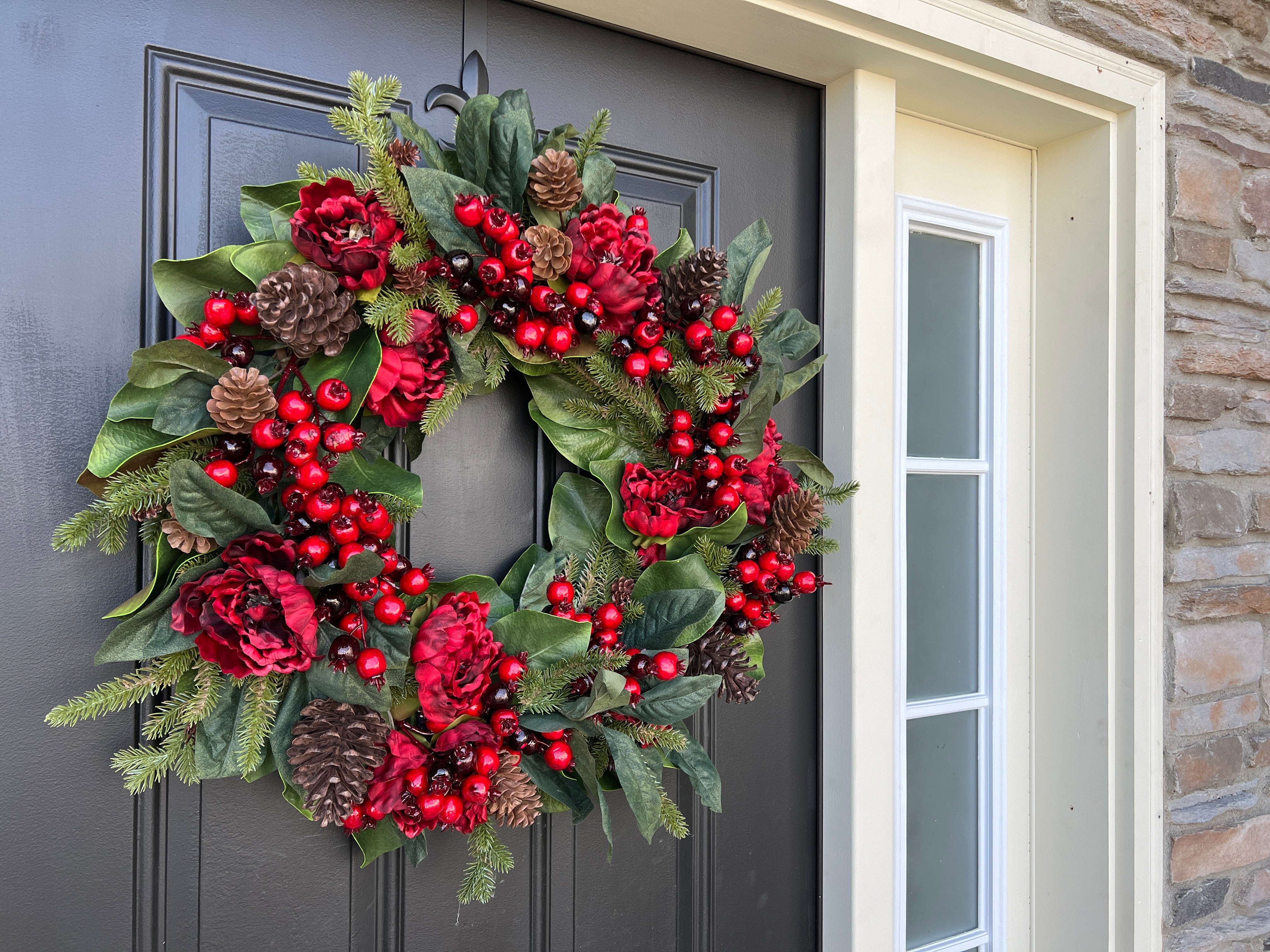 Red Peony & Magnolia Wreath with Pinecones & Berries