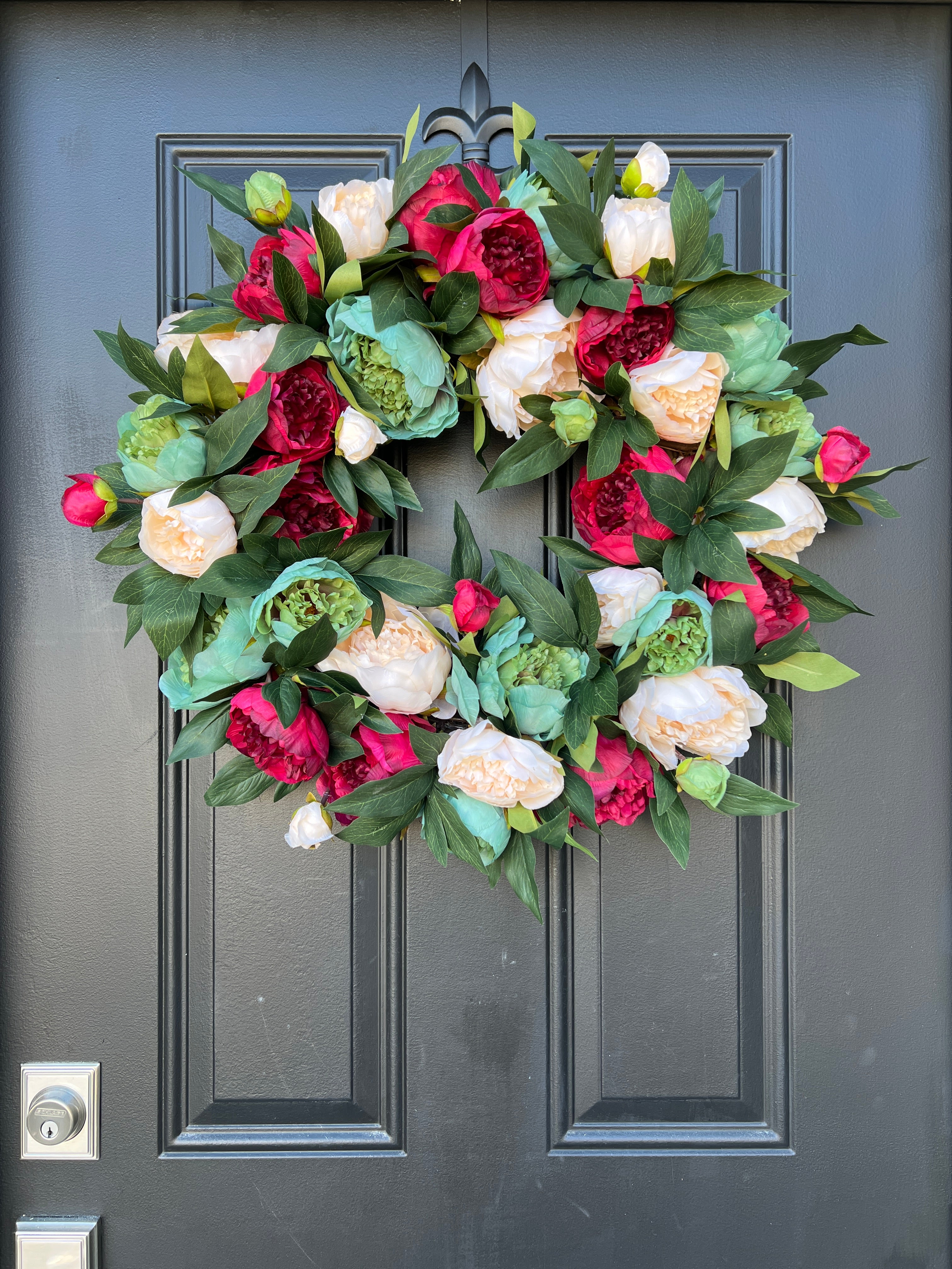 Christmas Wreath for Front Door with Holiday Red Peonies