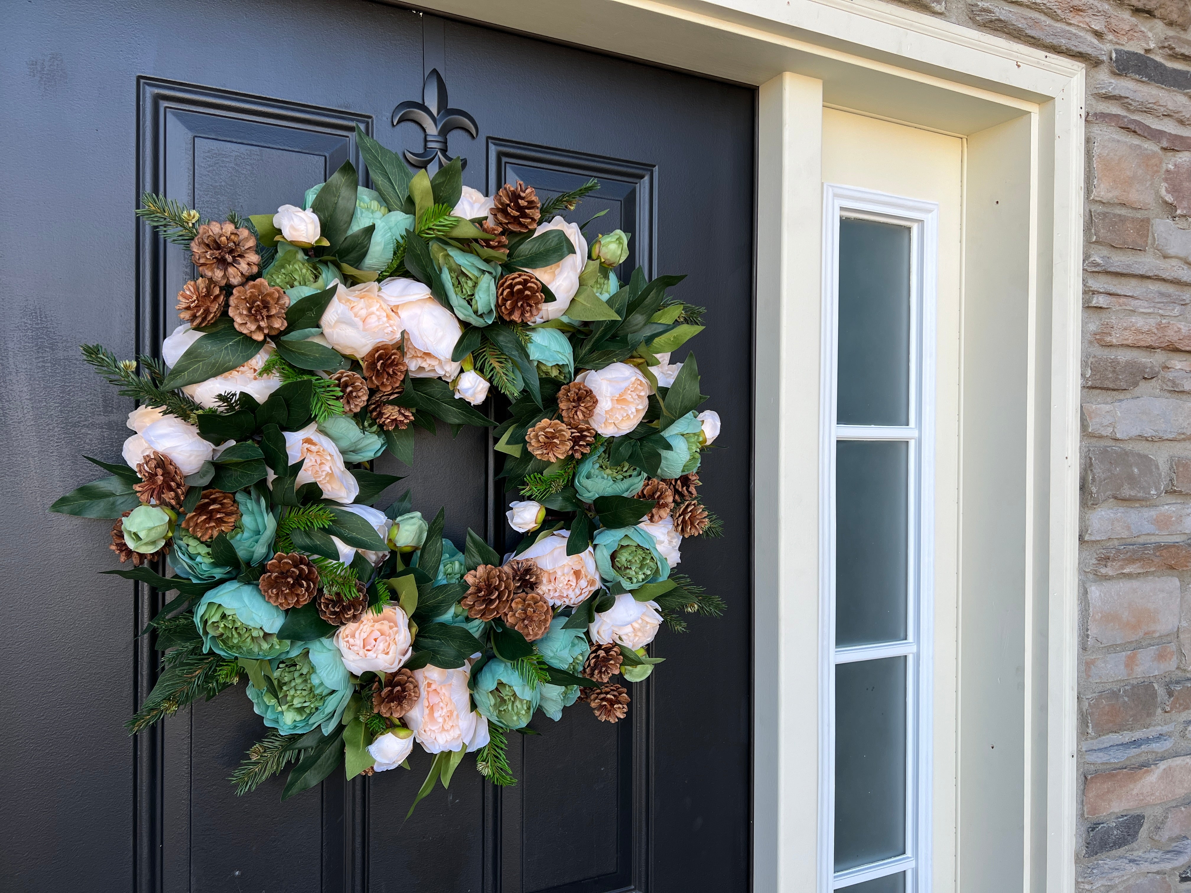 Peony and Pinecone Winter Wreath for Front Door