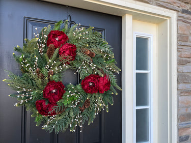 Christmas On the Farm Pine Wreath with Red Peonies - TwoInspireYou