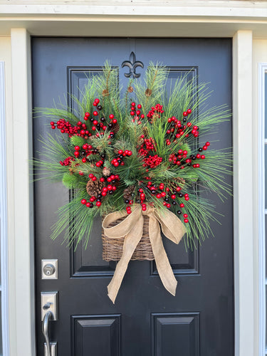 Christmas Basket Wreath with Pine, Red Berries and Burlap - TwoInspireYou